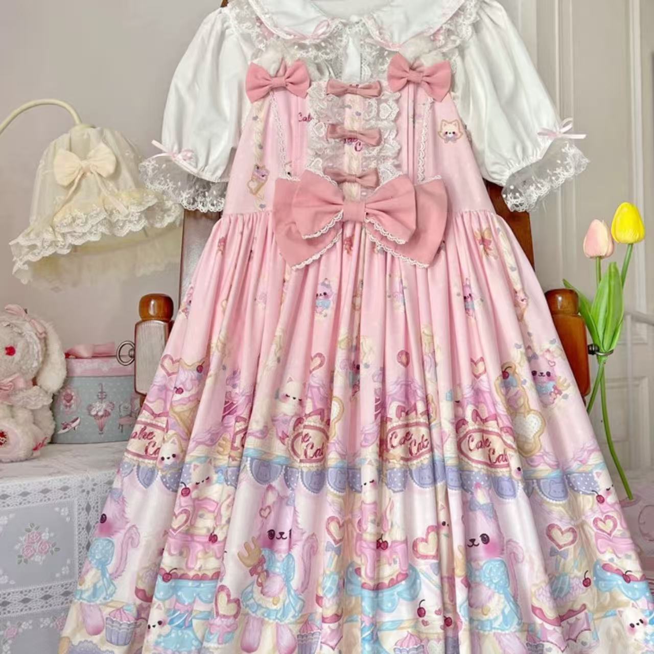 【ロリータ】猫パティシエ オリジナルデザイン ホワイトシュガーガール JSK ドレス