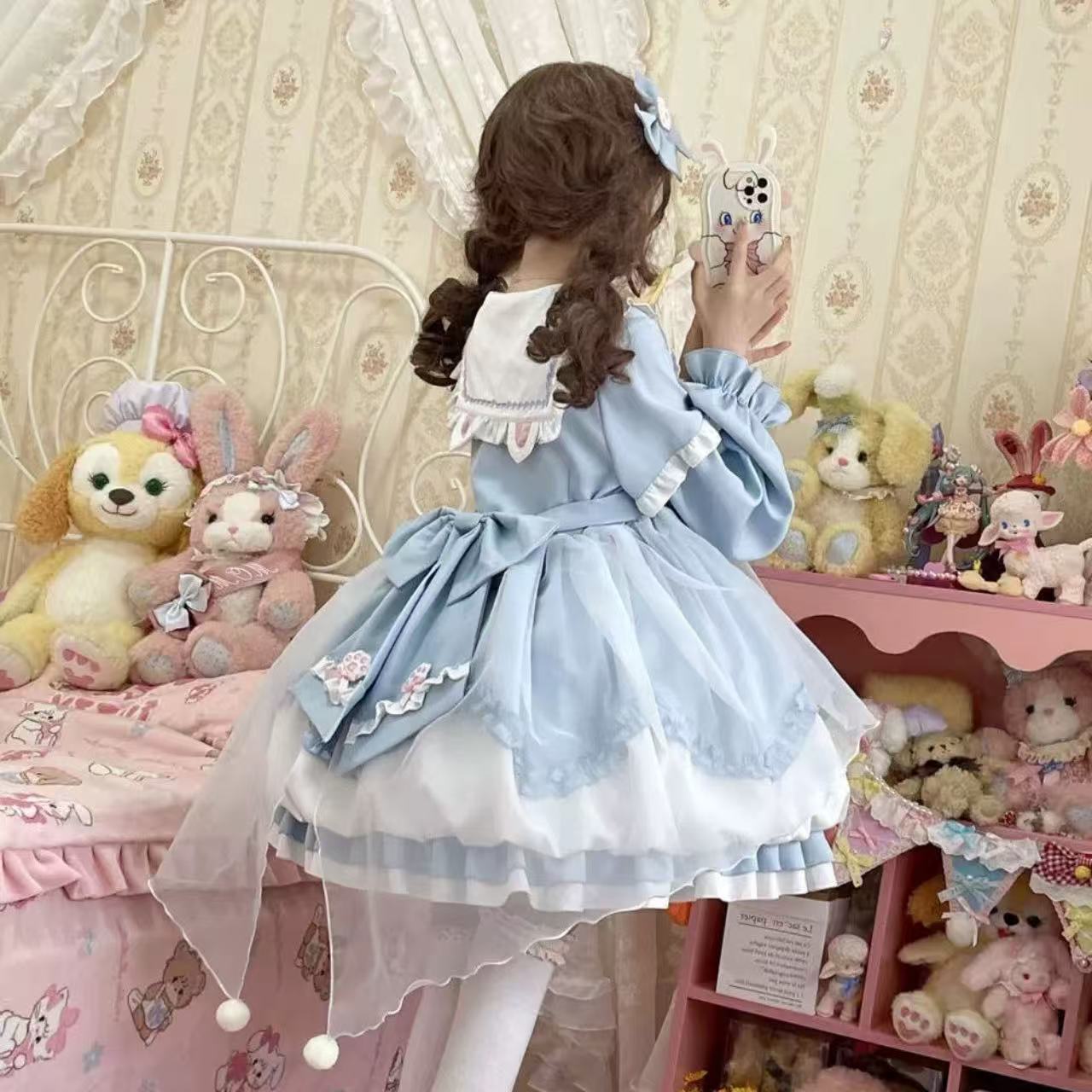 甘ロリータ ネイビーカラー花蕾・長袖ワンピース