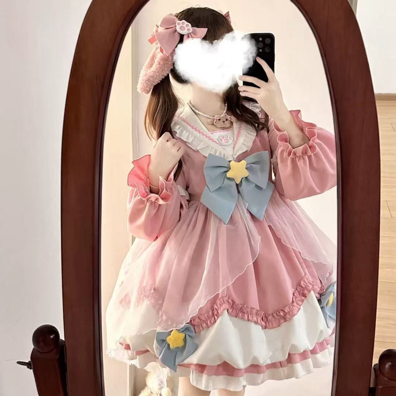 甘ロリータ ネイビーカラー花蕾・長袖ワンピース