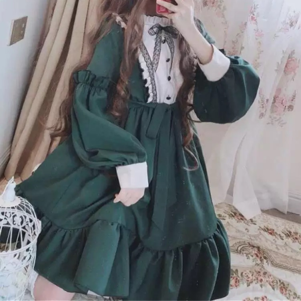 ロリータファッション 【クラシカルロリータ】レトロドールグリーンドレスワンピース