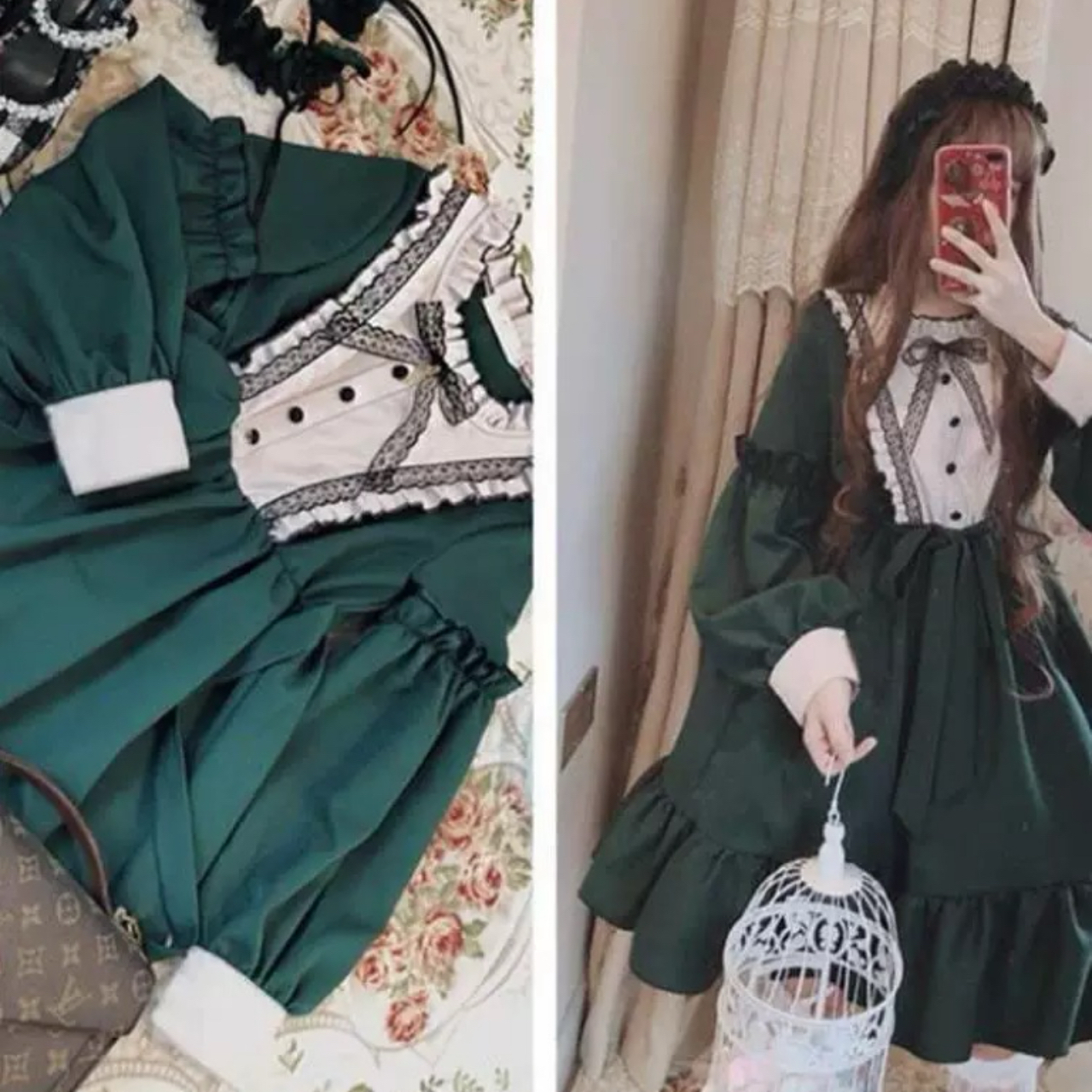 ロリータファッション 【クラシカルロリータ】レトロドールグリーンドレスワンピース