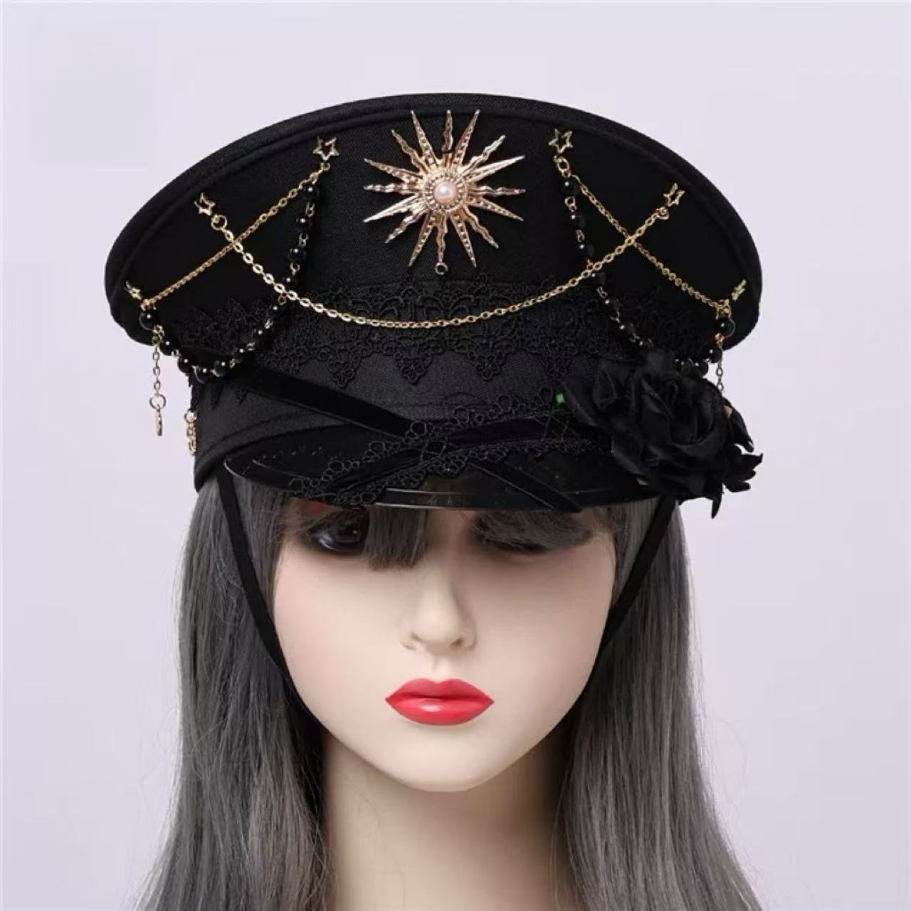 軍服ロリータ チェーンゴシックスクールキャップ