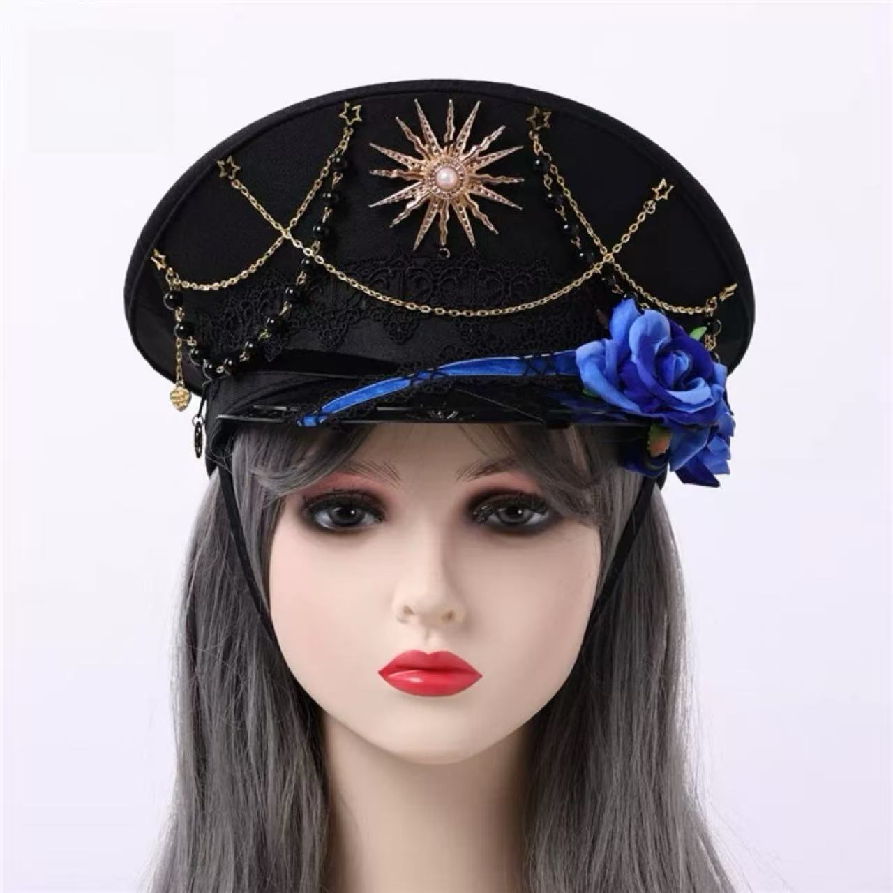 軍服ロリータ チェーンゴシックスクールキャップ