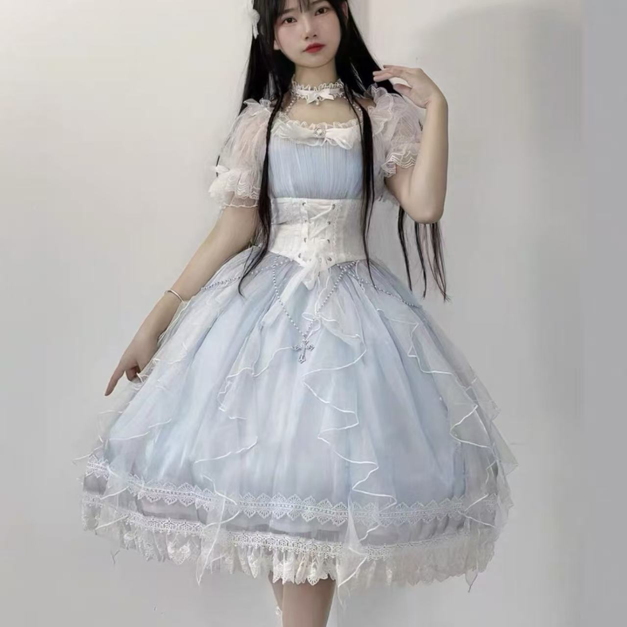 クラシカルロリータ シアーオフショルリボンレースホワイトドレスワンピース