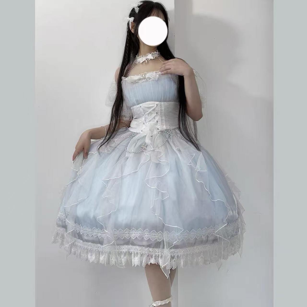 クラシカルロリータ シアーオフショルリボンレースホワイトドレスワンピース