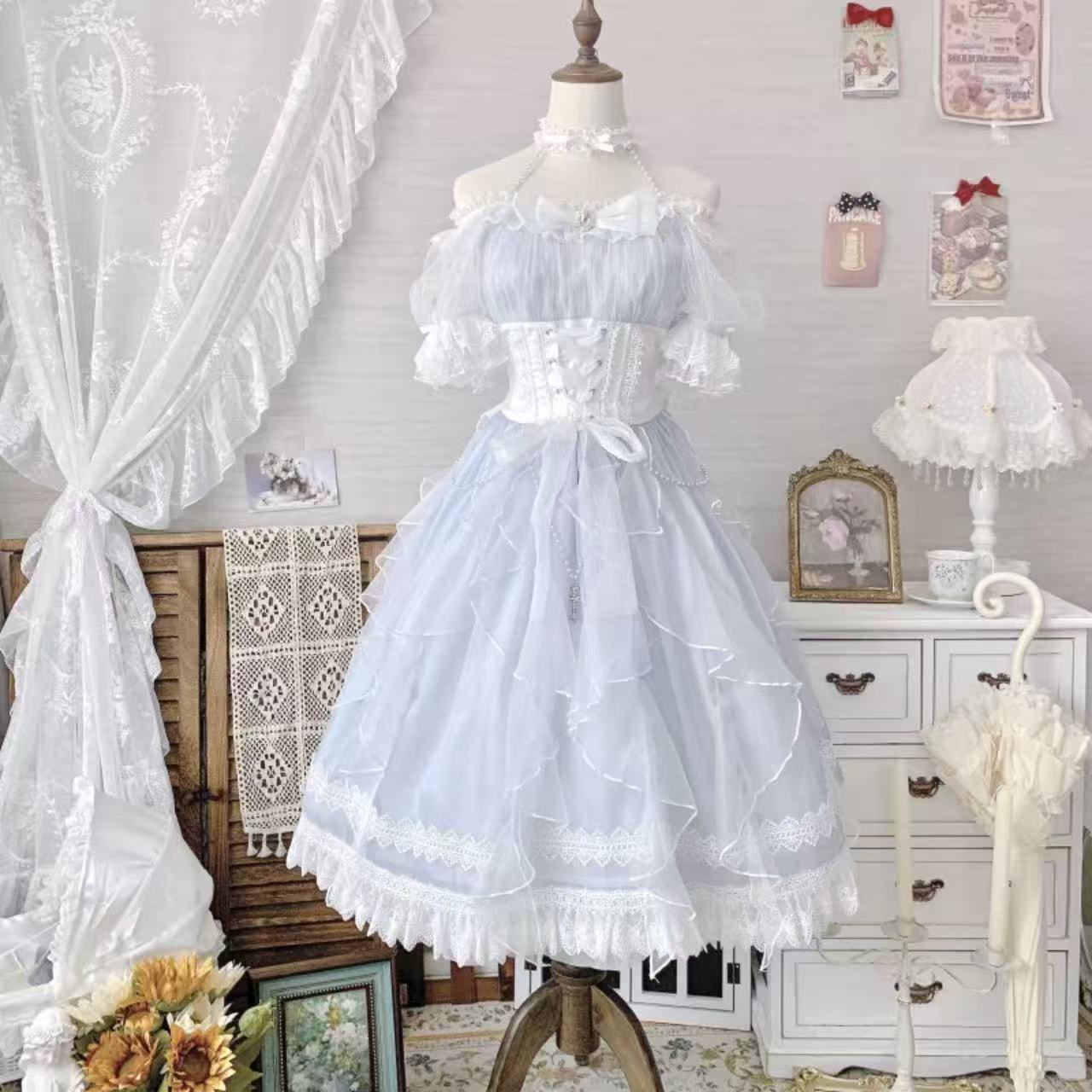 クラシカルロリータ シアーオフショルリボンレースホワイトドレスワンピース