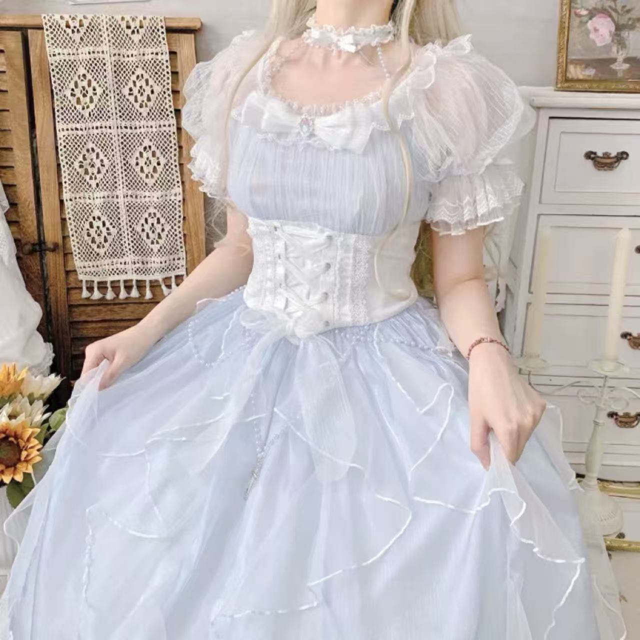クラシカルロリータ シアーオフショルリボンレースホワイトドレスワンピース