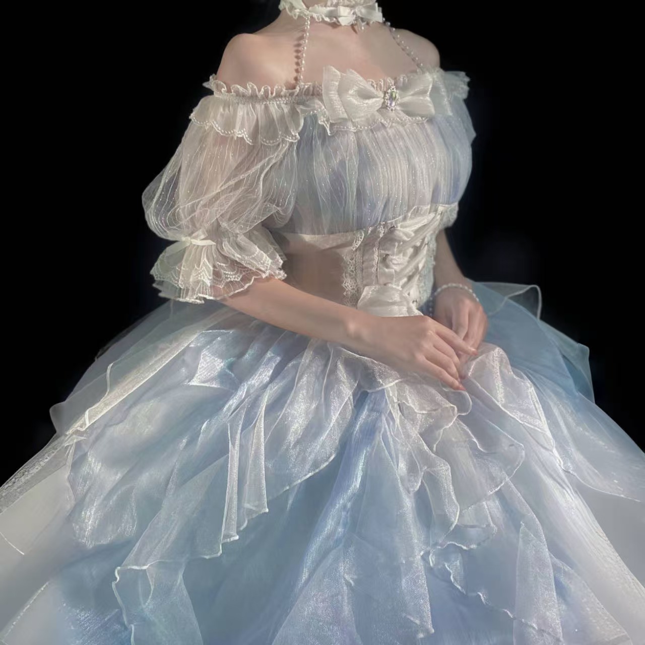 クラシカルロリータ シアーオフショルリボンレースホワイトドレスワンピース