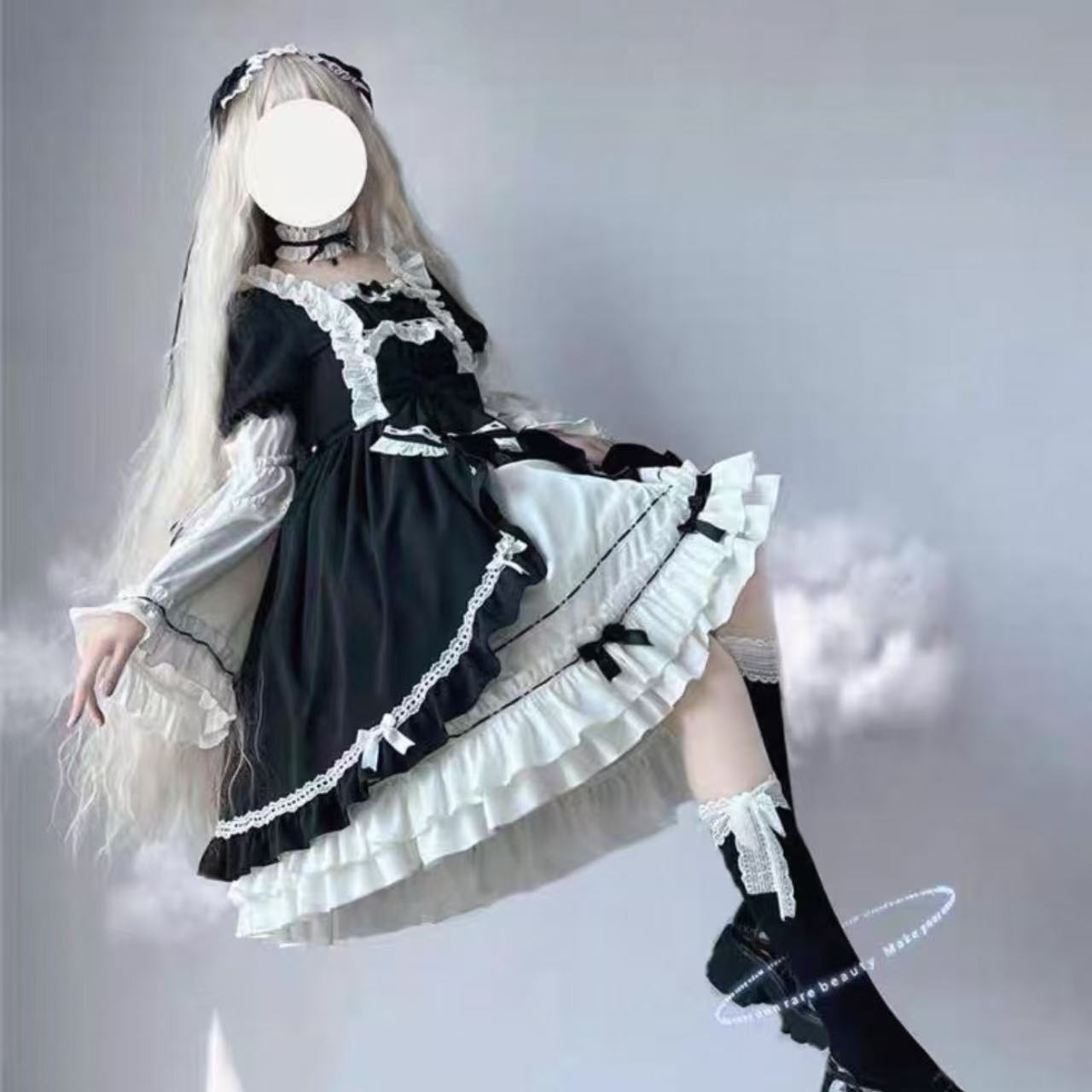 ゴスロリ 姫袖フリルレース重ね襟ワンピース