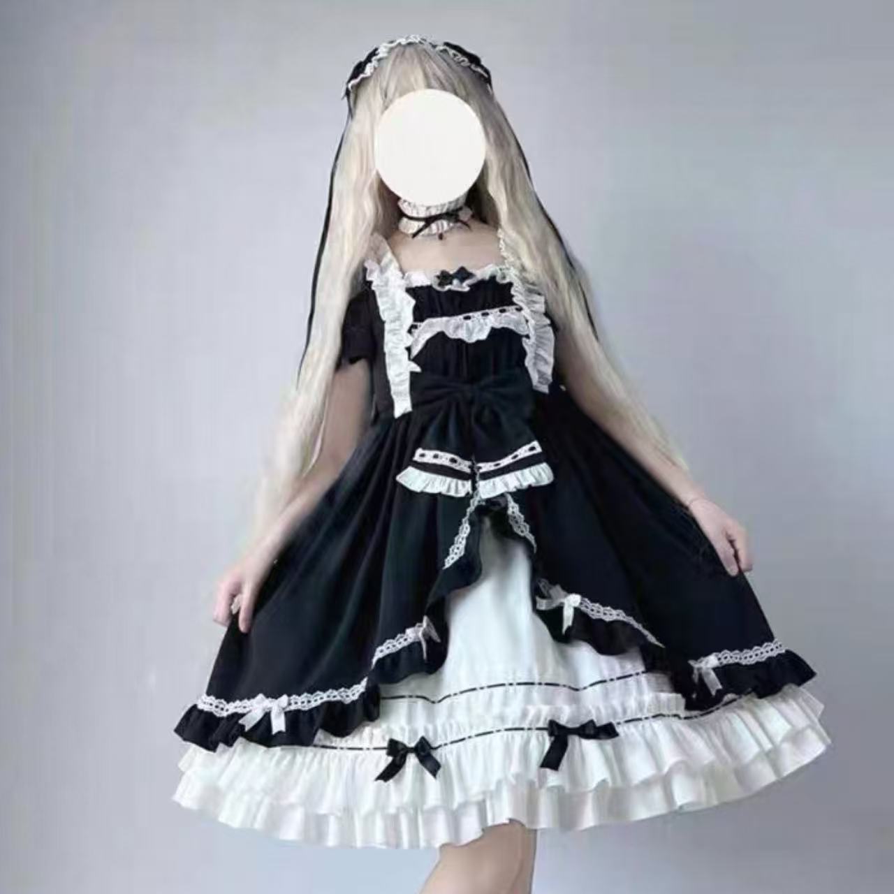 ゴスロリ 姫袖フリルレース重ね襟ワンピース