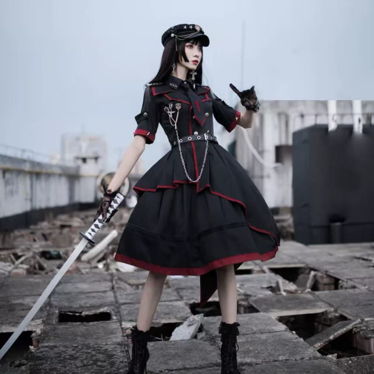 軍服ロリータ ブラックアーミーワンピース