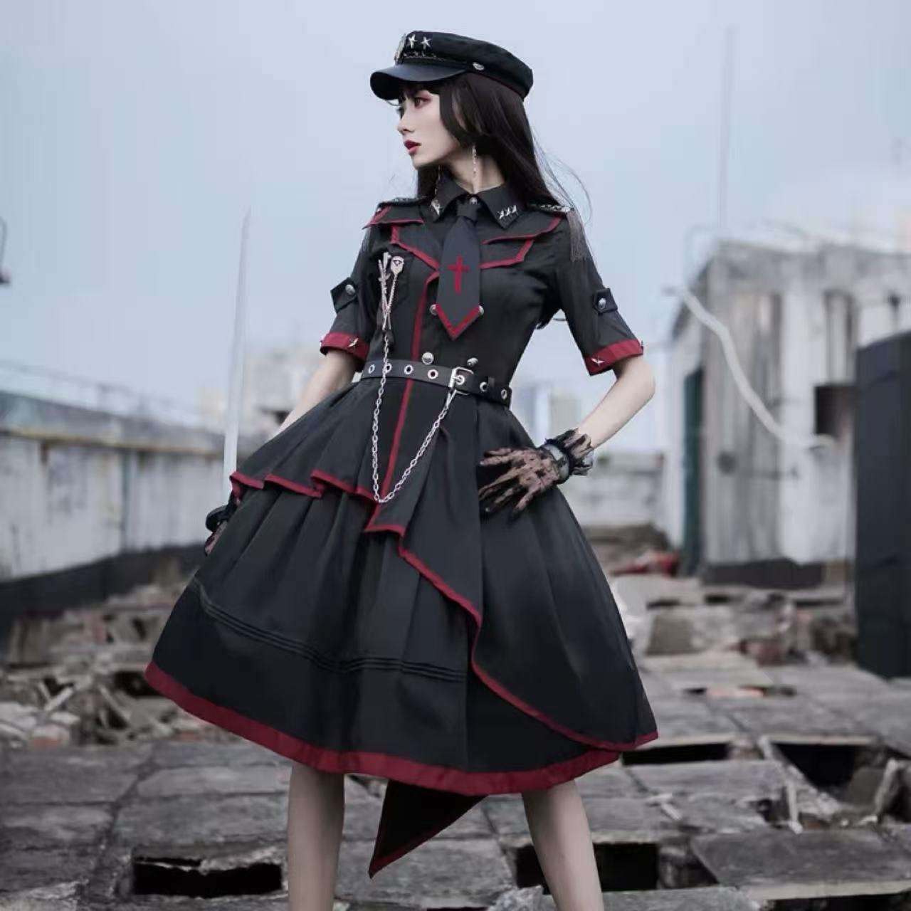 軍服ロリータ ブラックアーミーワンピース