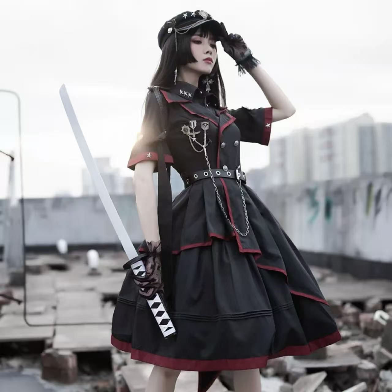 軍服ロリータ ブラックアーミーワンピース