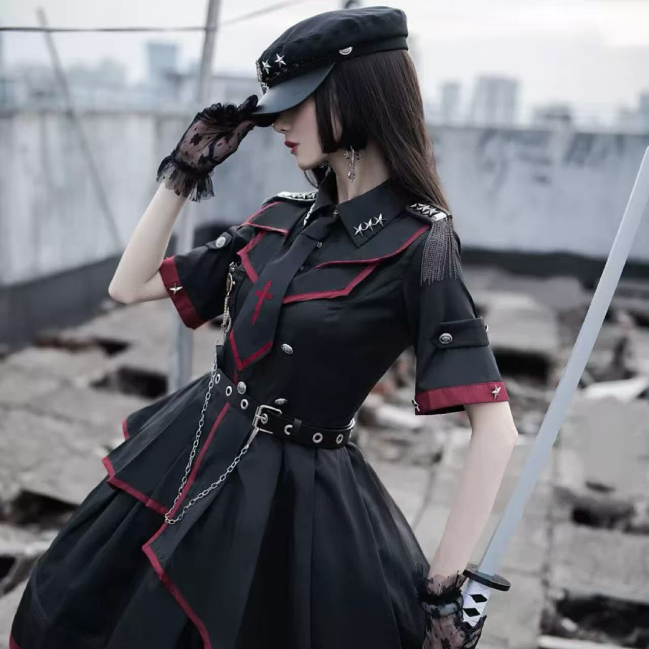 軍服ロリータ ブラックアーミーワンピース