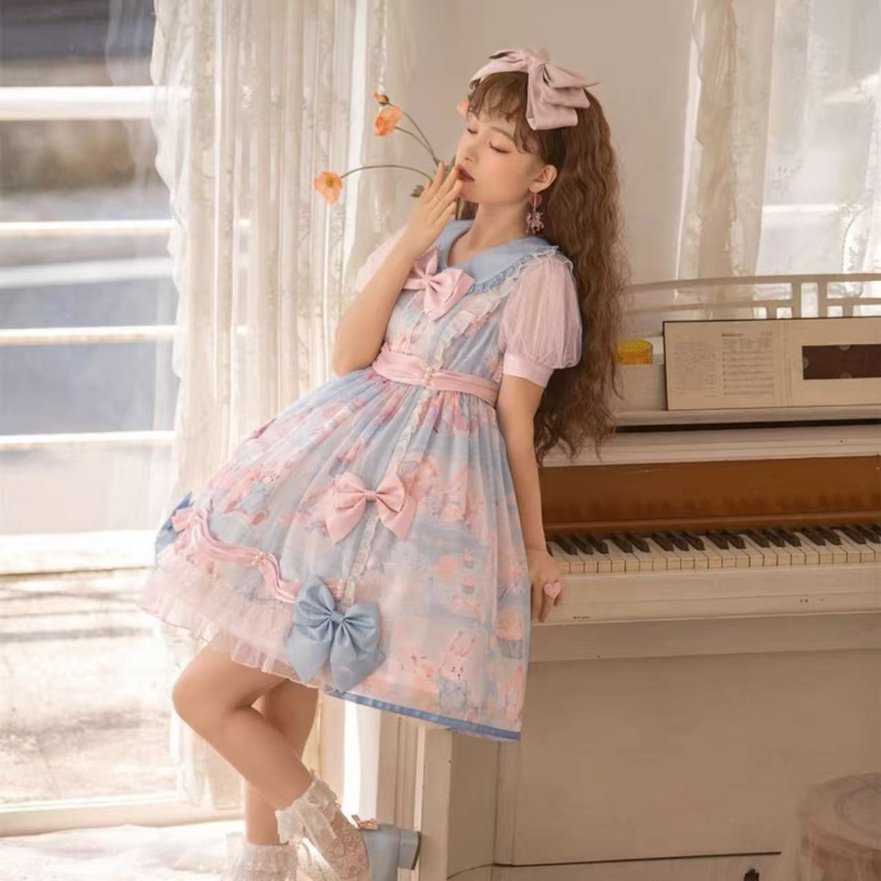 甘ロリータ パフスリーブ夢かわフリルフラワーミニワンピース