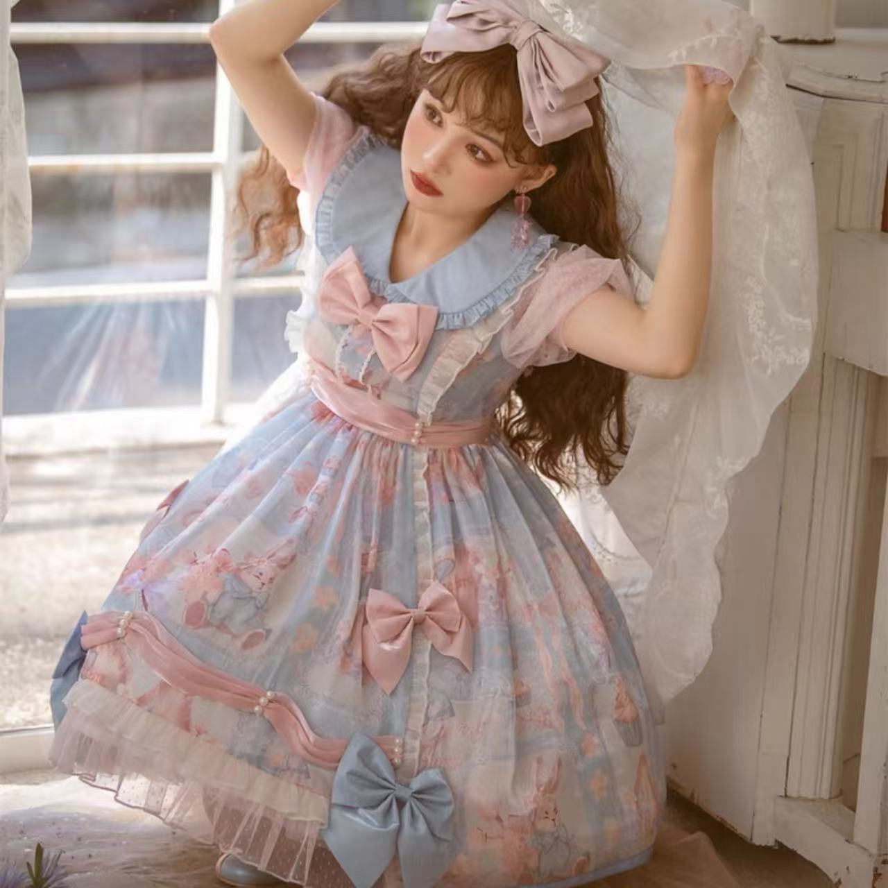 甘ロリータ パフスリーブ夢かわフリルフラワーミニワンピース