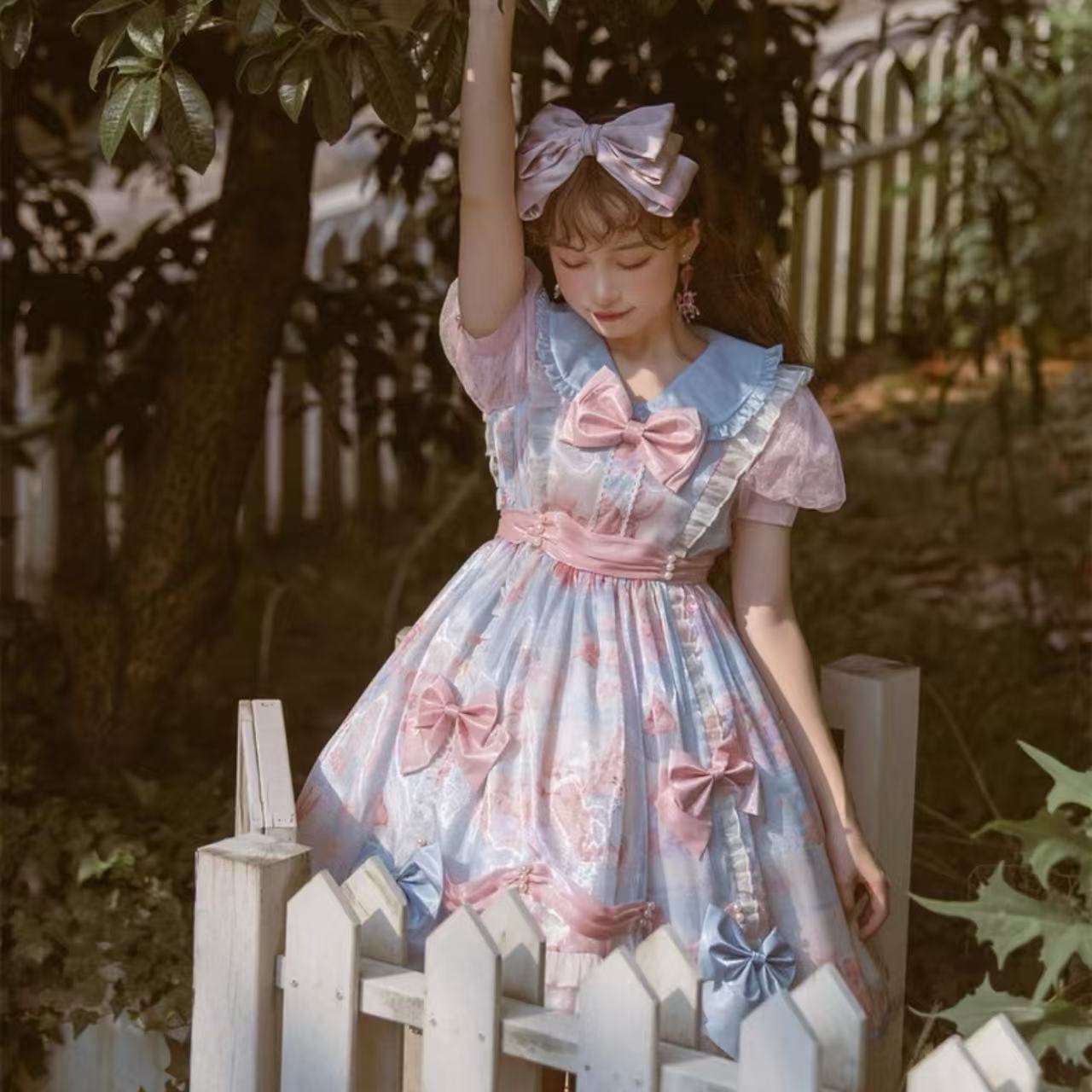 甘ロリータ パフスリーブ夢かわフリルフラワーミニワンピース