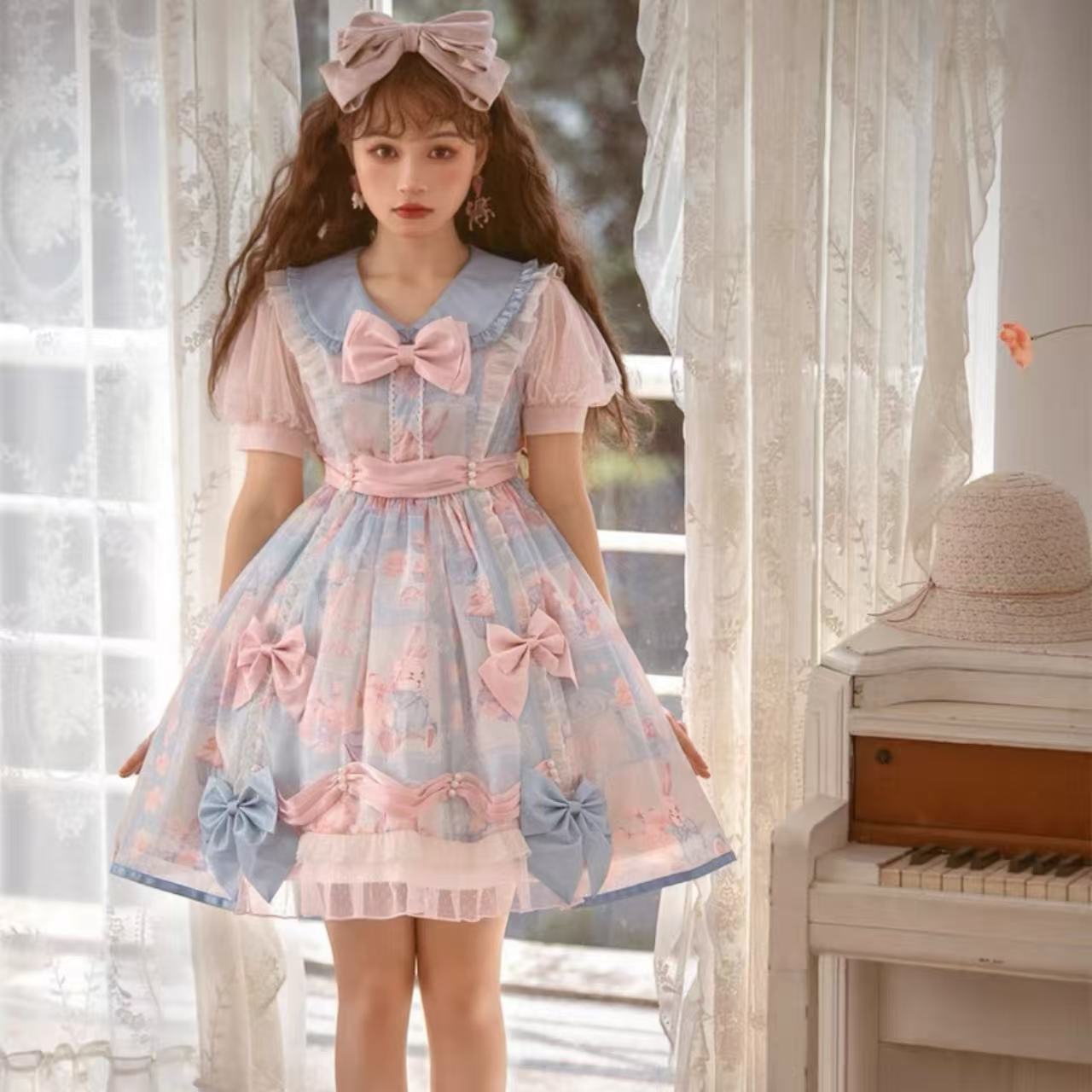 甘ロリータ パフスリーブ夢かわフリルフラワーミニワンピース