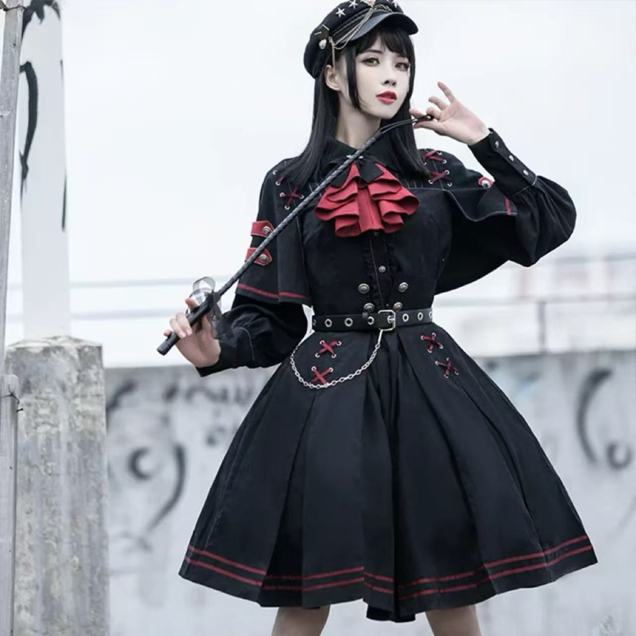 軍服ロリータ 赤リボン×チェーンポリス制服ワンピース