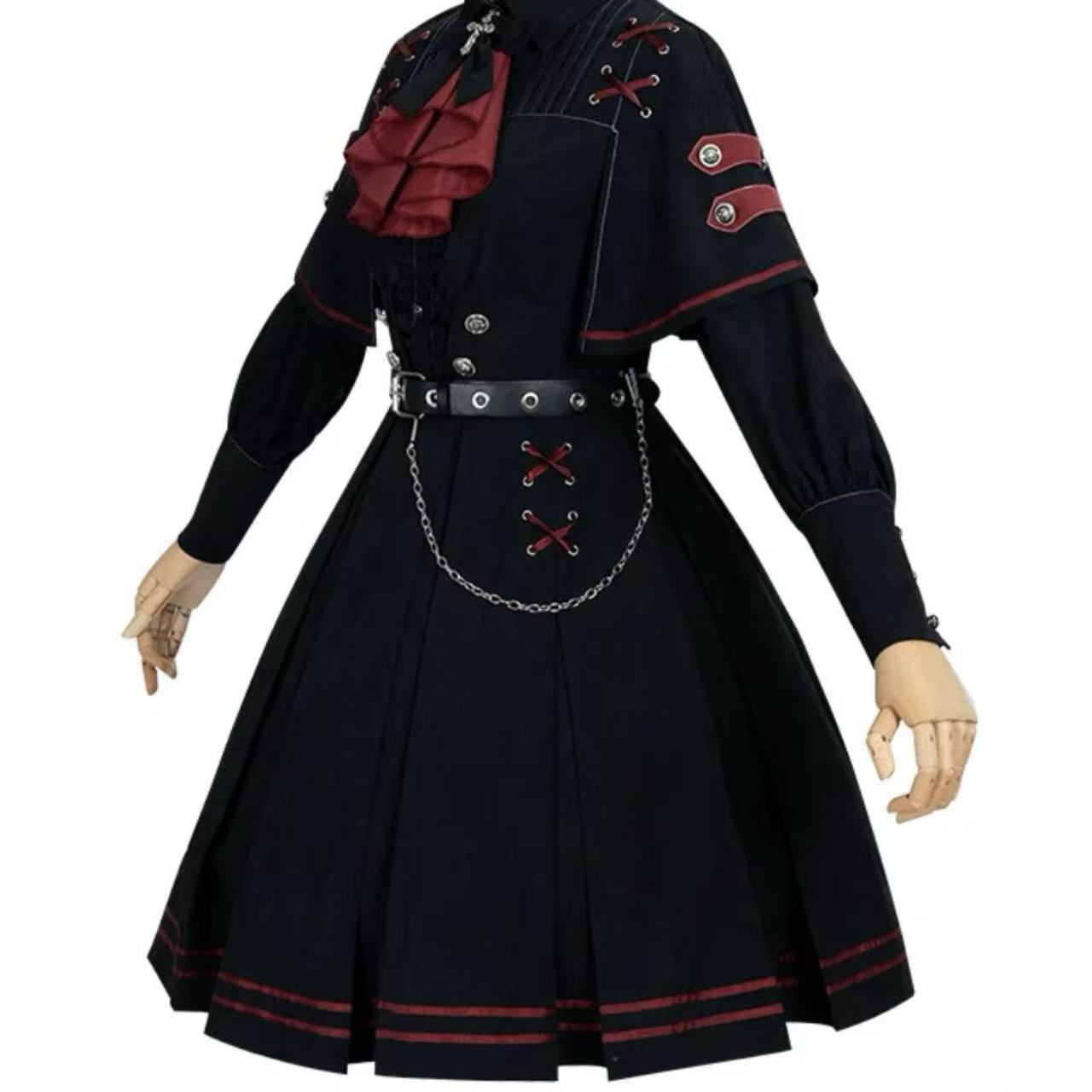 軍服ロリータ 赤リボン×チェーンポリス制服ワンピース