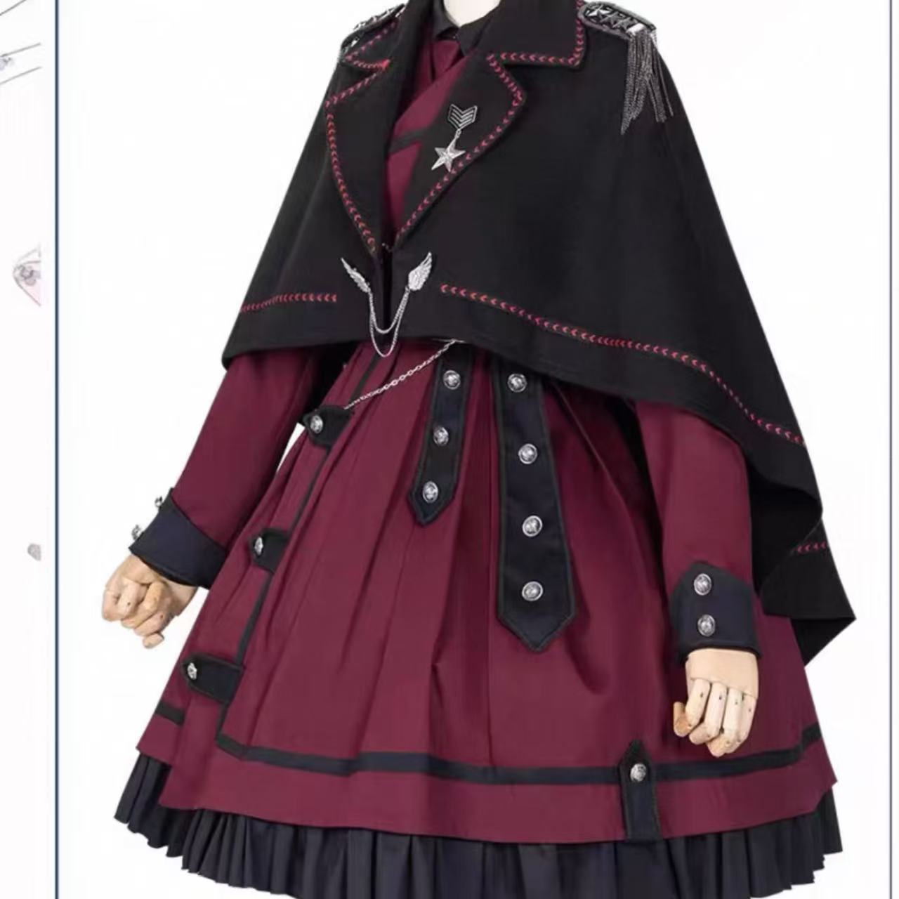 軍服ロリータ ブラックマントワインレッドフリルドレスワンピース