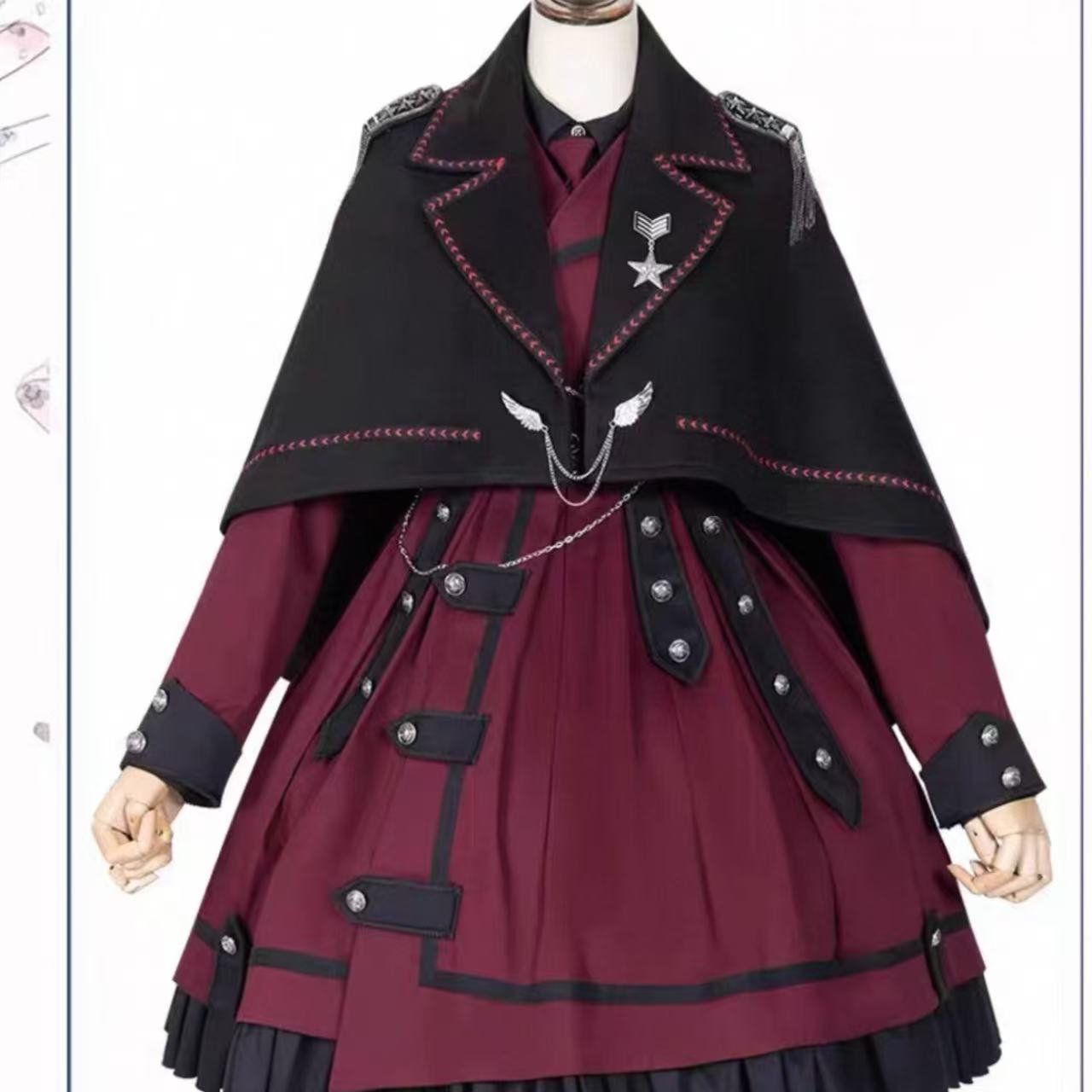 軍服ロリータ ブラックマントワインレッドフリルドレスワンピース