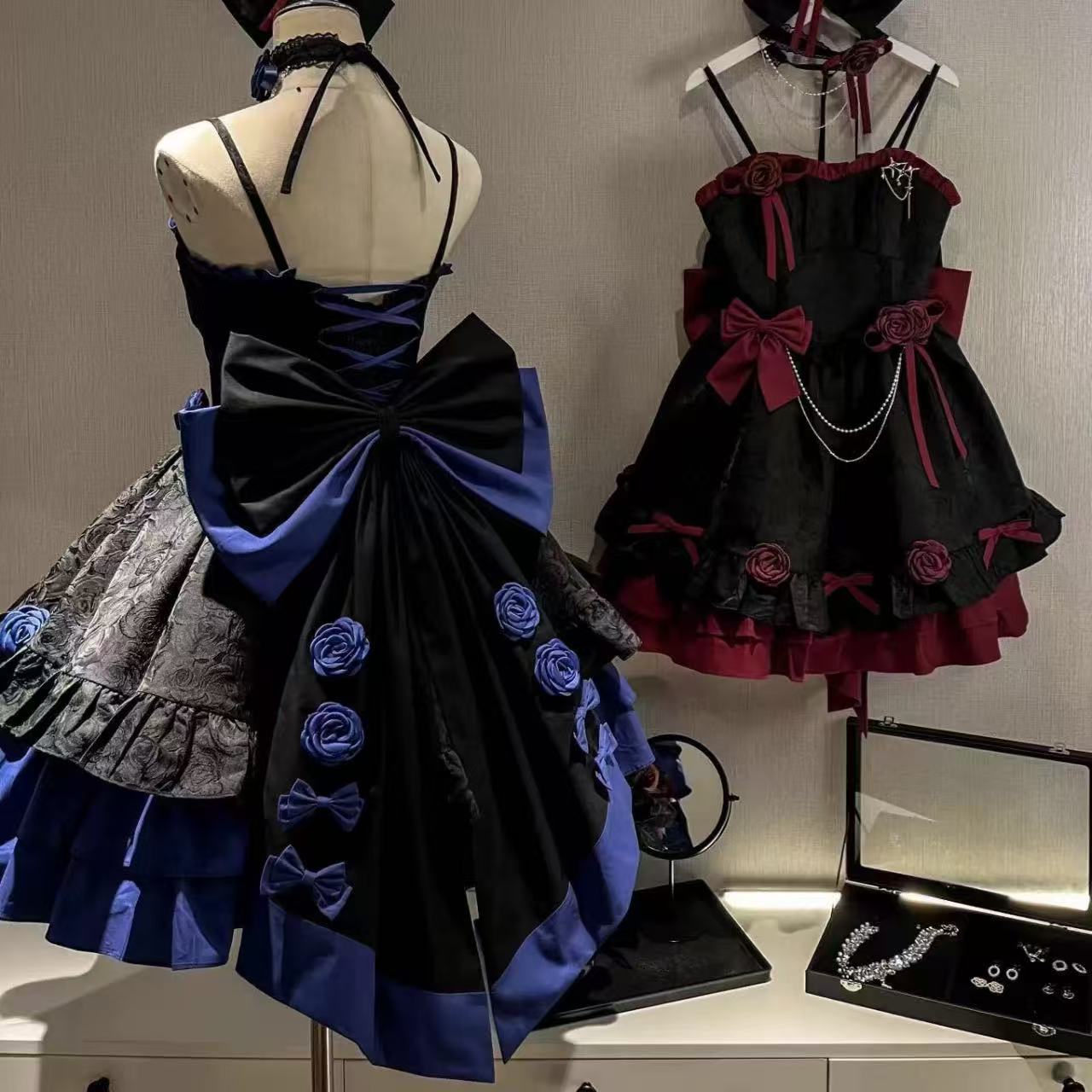 ゴスロリ ハロウィンブラックローズバックリボンミニワンピース