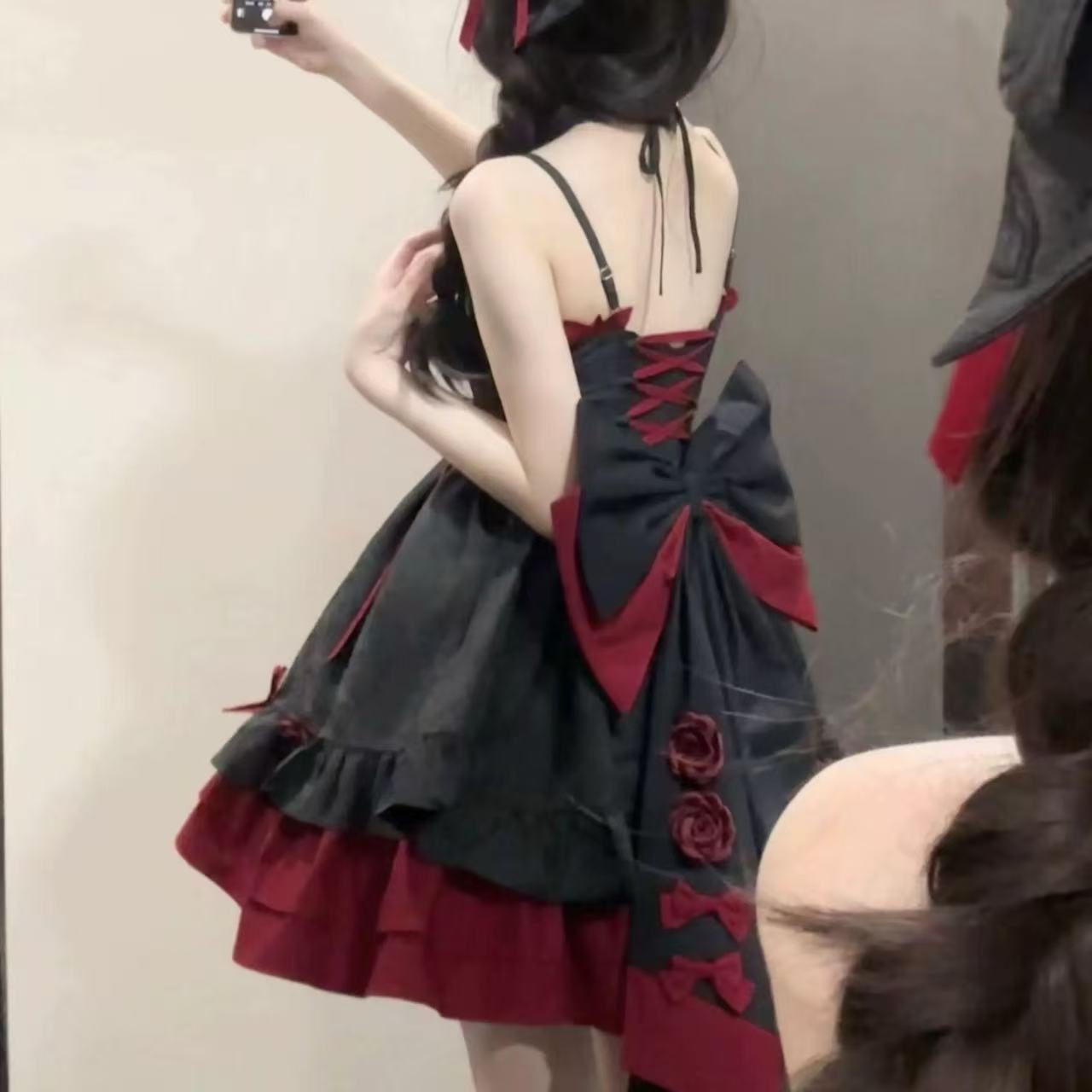 ゴスロリ ハロウィンブラックローズバックリボンミニワンピース