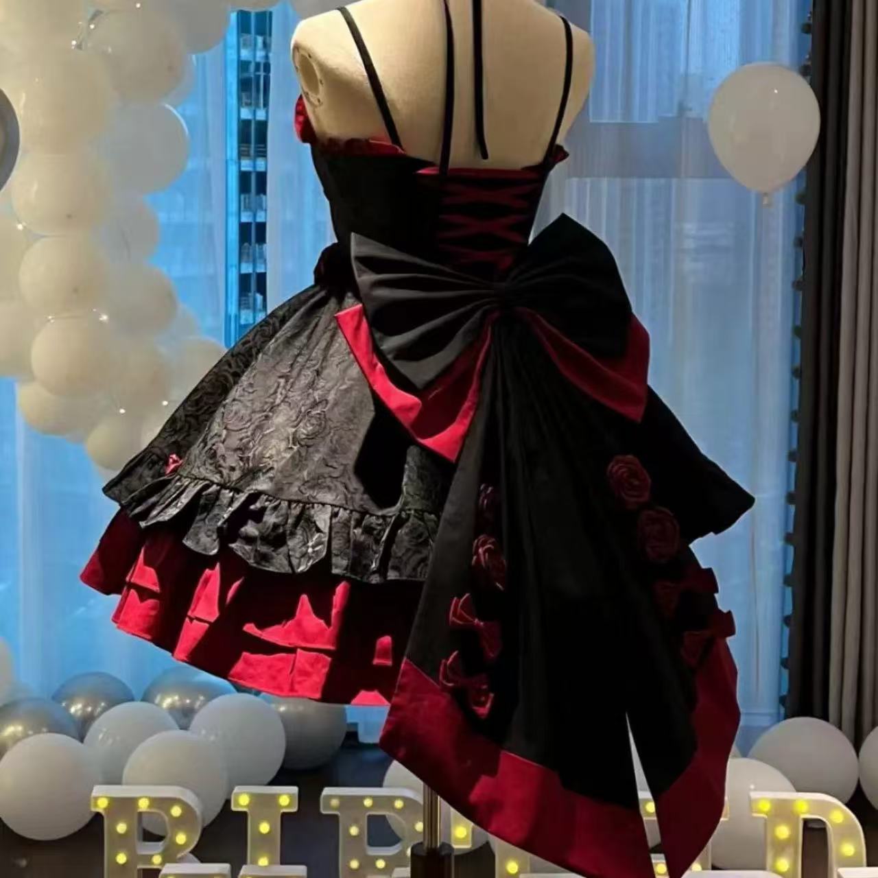 ゴスロリ ハロウィンブラックローズバックリボンミニワンピース