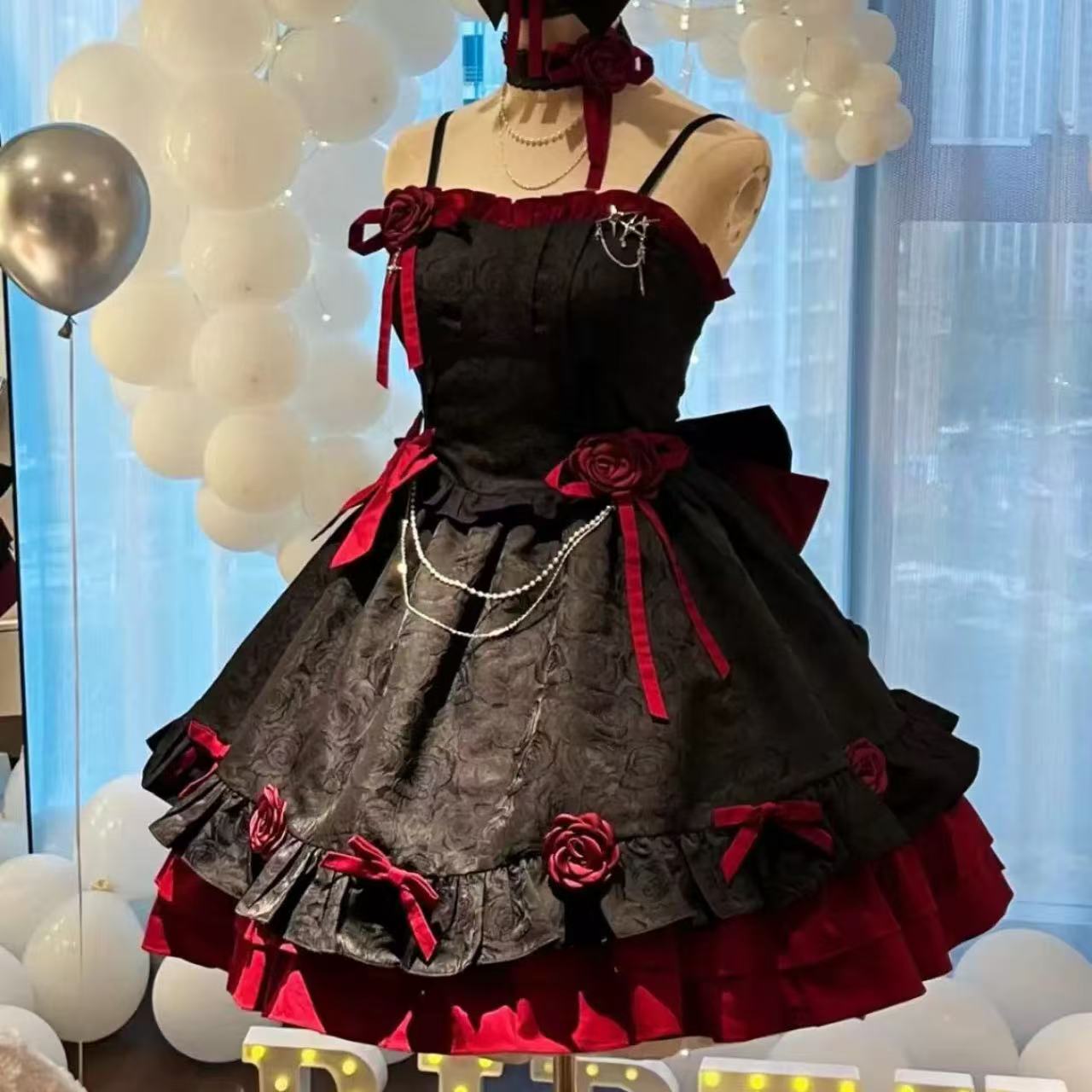 ゴスロリ ハロウィンブラックローズバックリボンミニワンピース