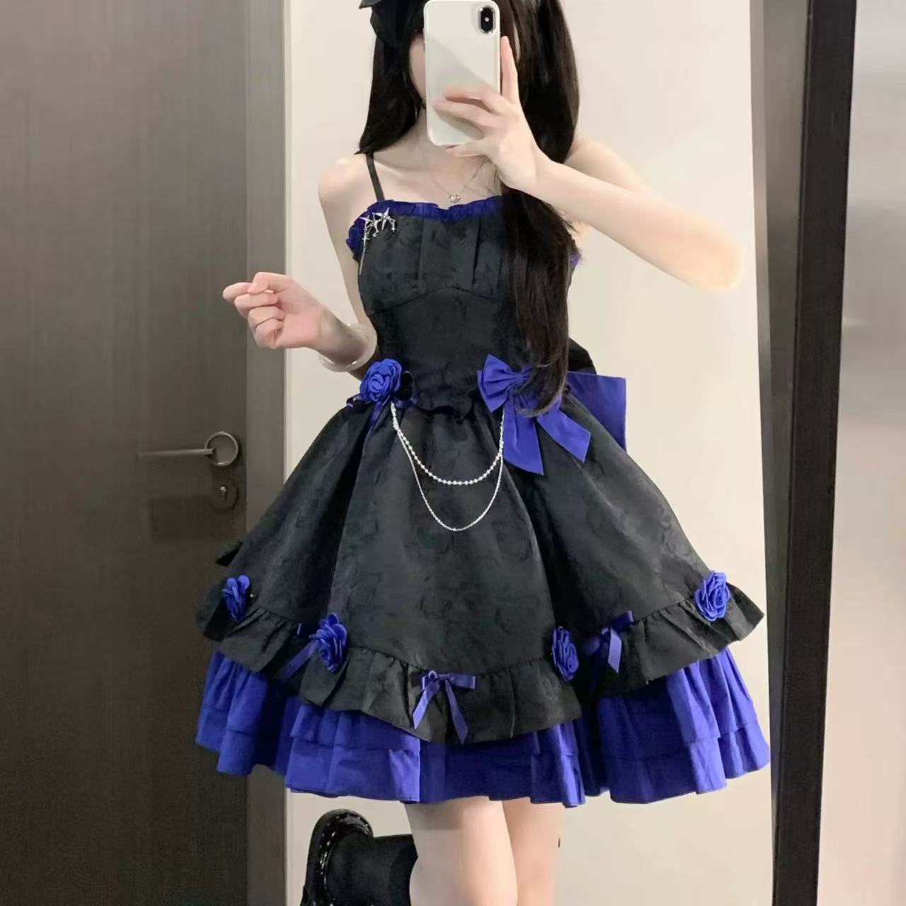 ゴスロリ ハロウィンブラックローズバックリボンミニワンピース