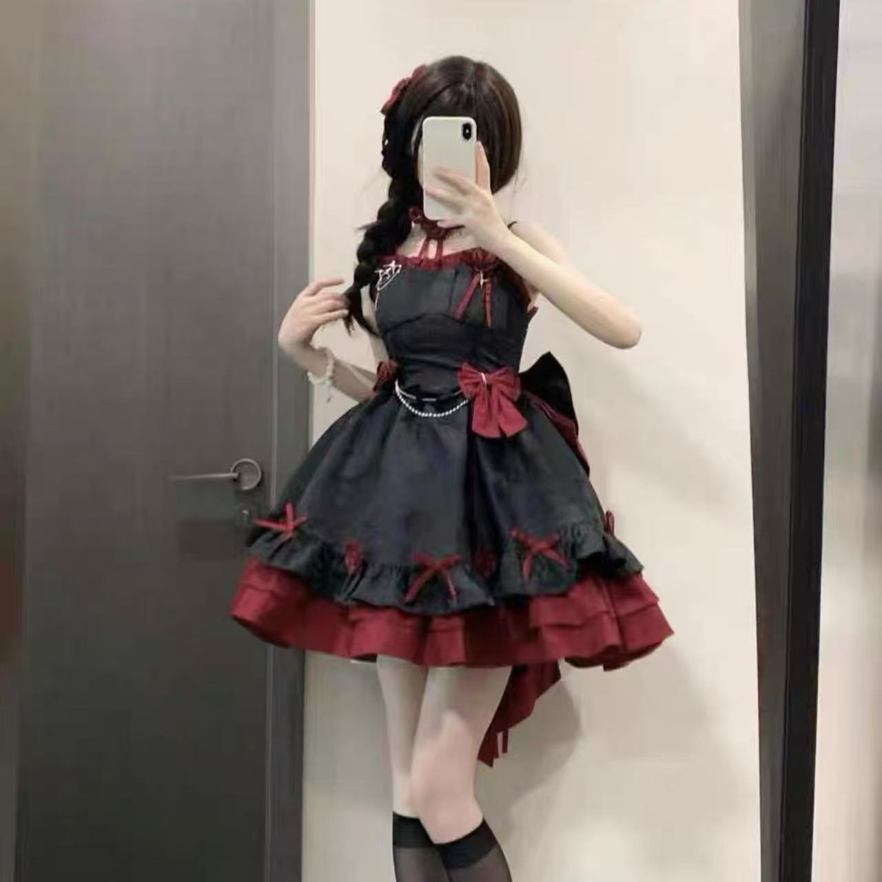 ゴスロリ ハロウィンブラックローズバックリボンミニワンピース