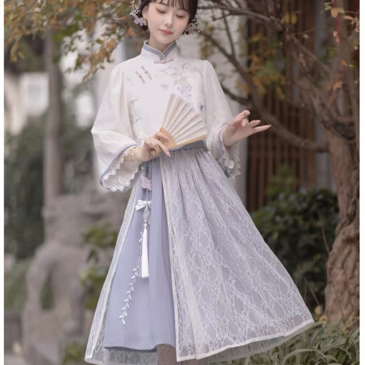 中華ロリータ パステルパープルレースホワイトチャイナドレス