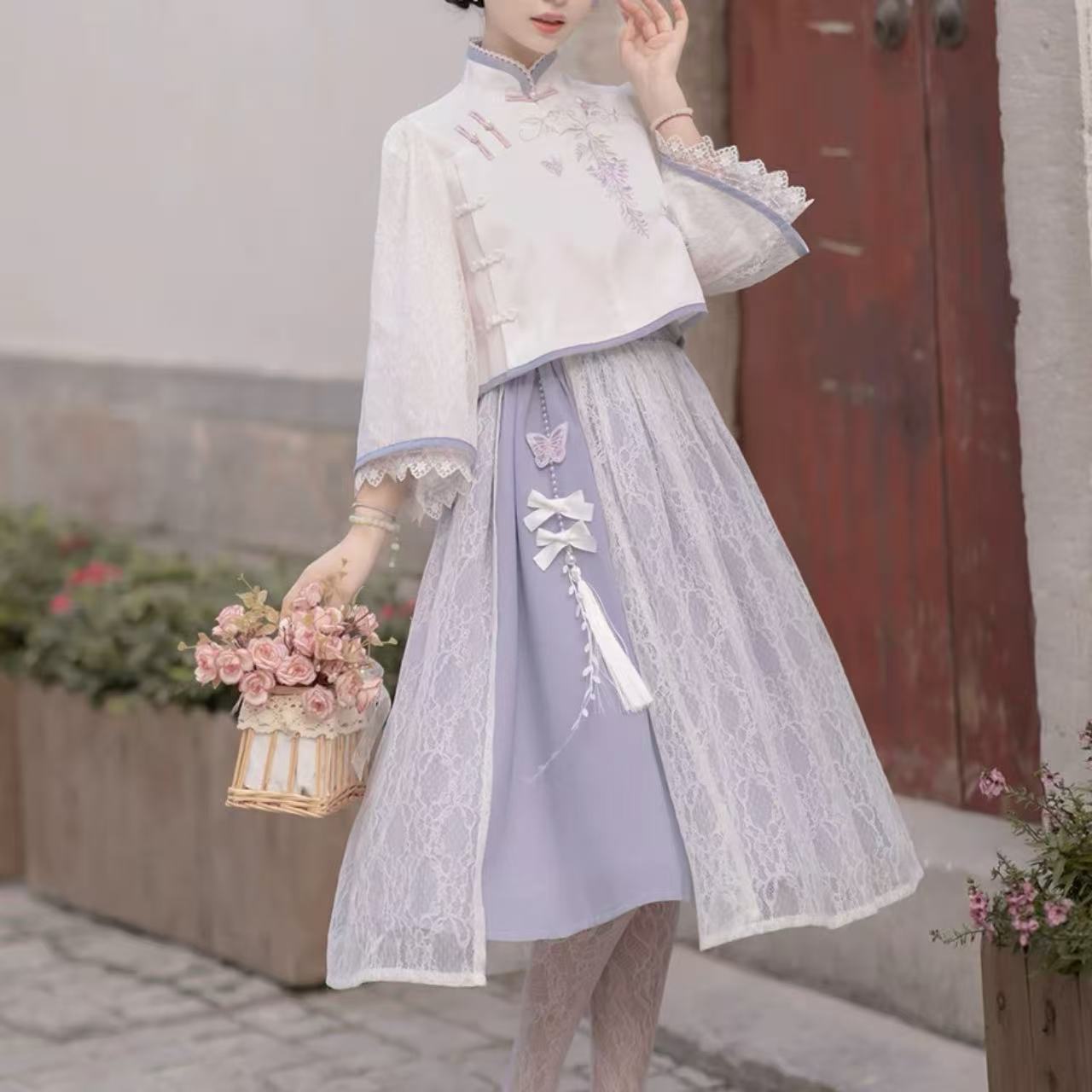 中華ロリータ パステルパープルレースホワイトチャイナドレス