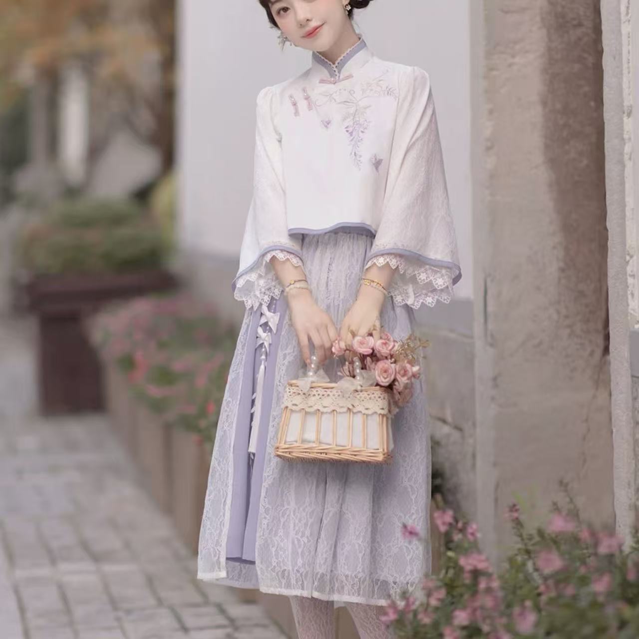 中華ロリータ パステルパープルレースホワイトチャイナドレス