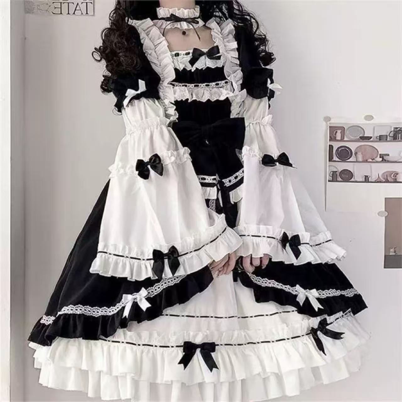 甘ロリータ 白黒ローズプリンセスドレスワンピース