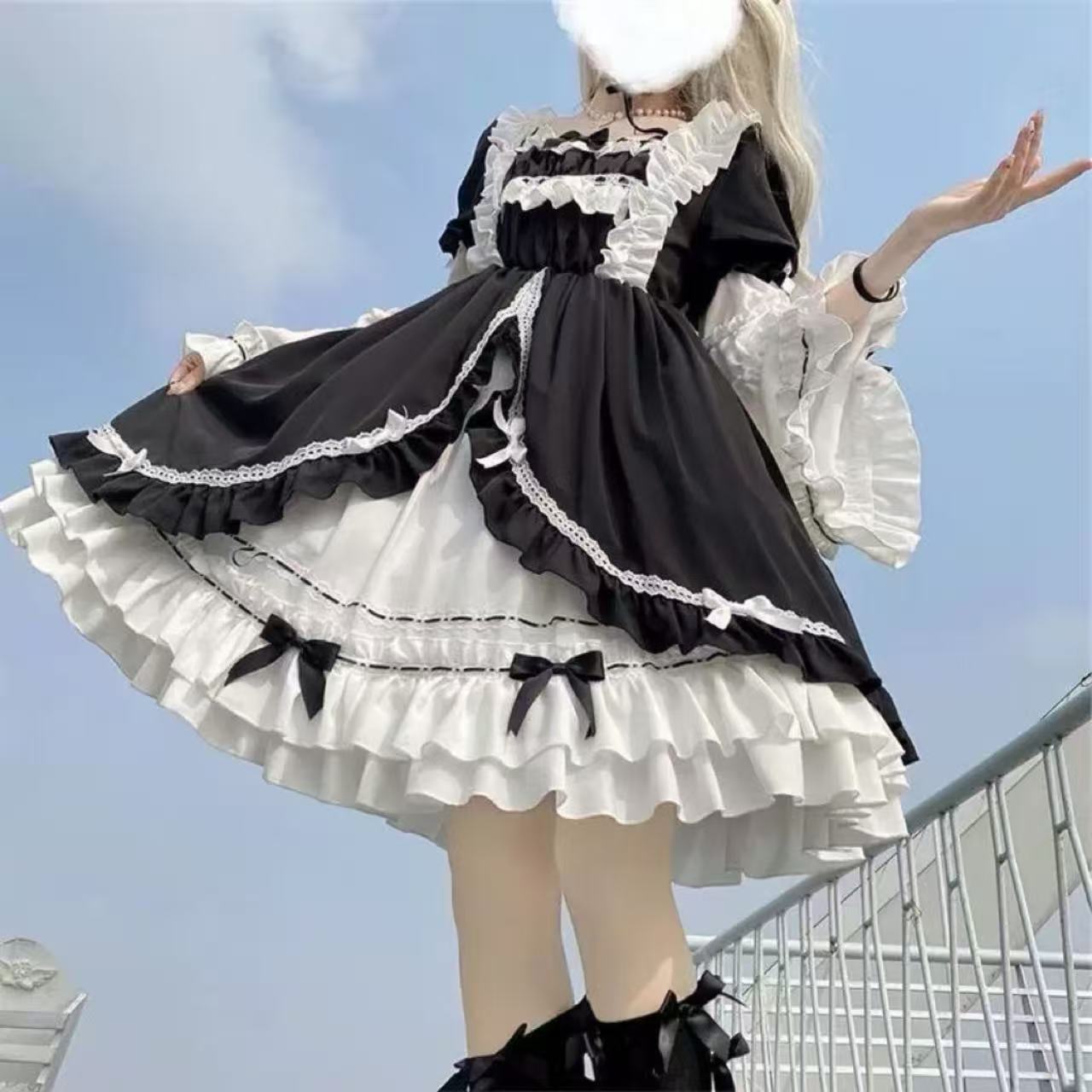 甘ロリータ 白黒ローズプリンセスドレスワンピース