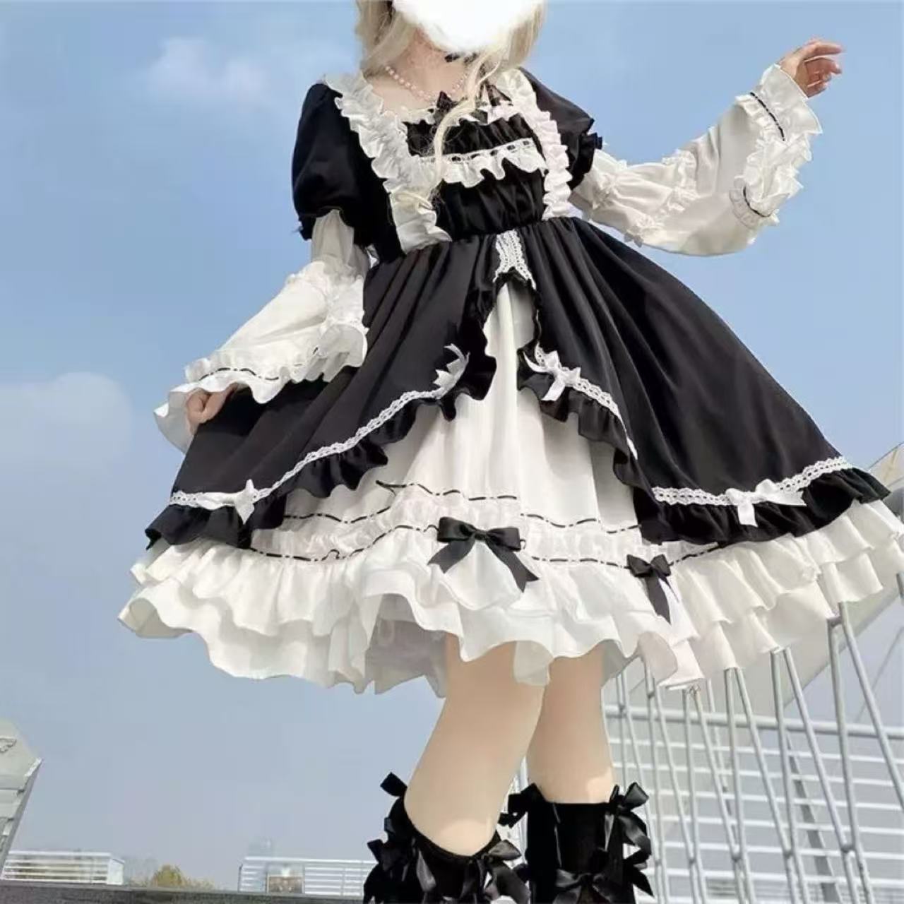 甘ロリータ 白黒ローズプリンセスドレスワンピース