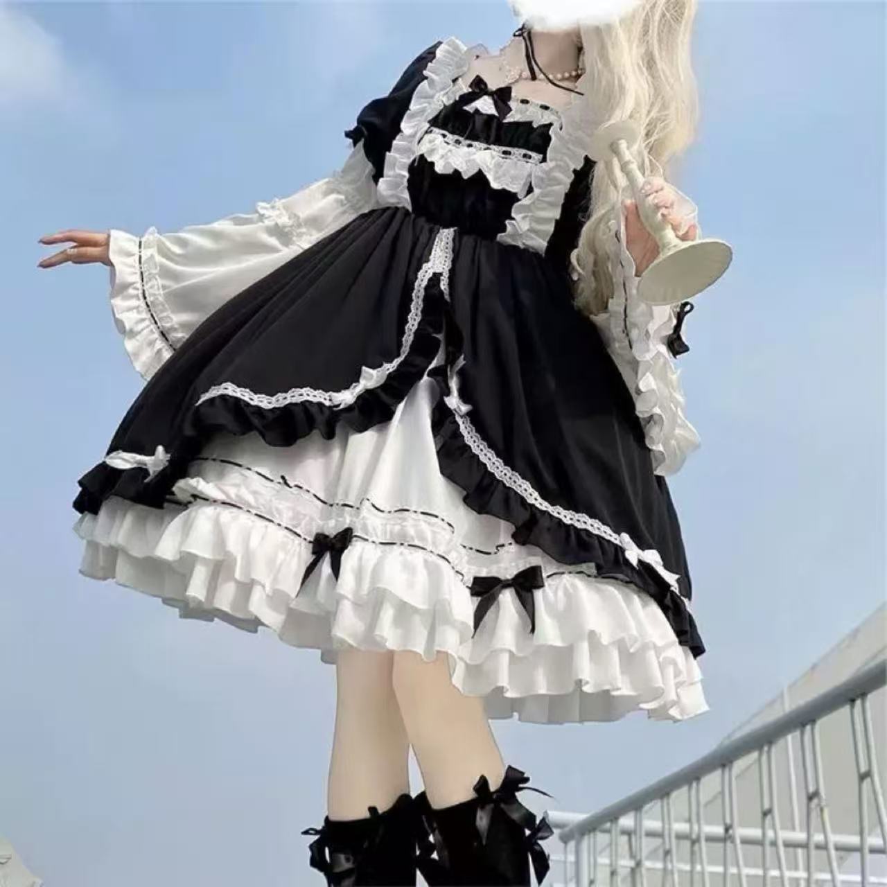 甘ロリータ 白黒ローズプリンセスドレスワンピース