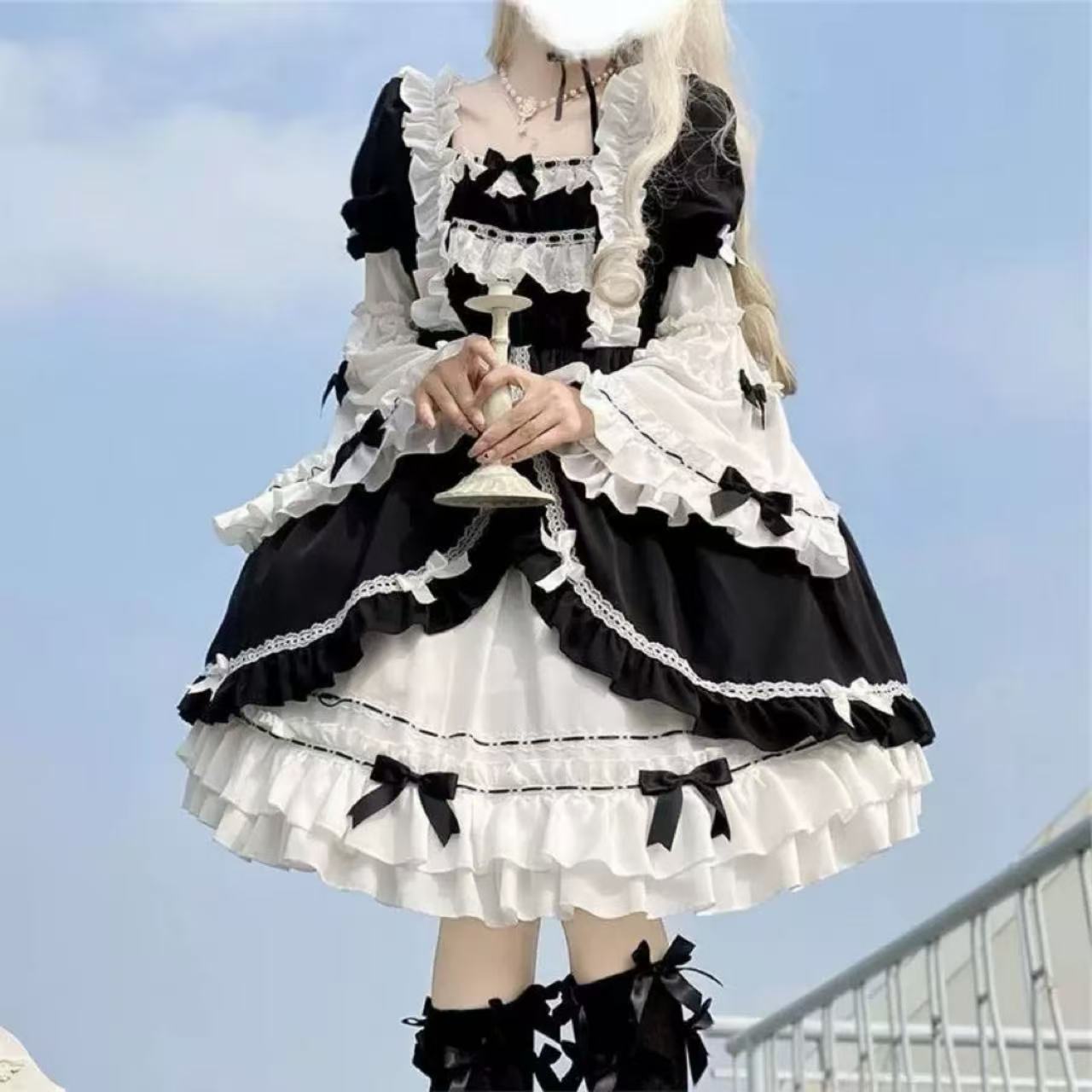 甘ロリータ 白黒ローズプリンセスドレスワンピース