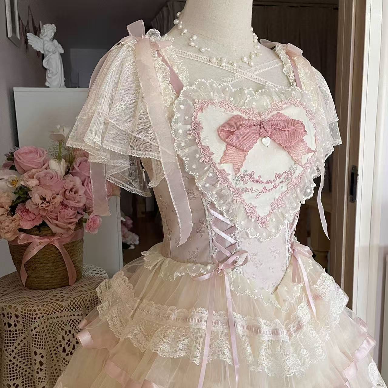 甘ロリータ シースルーレース・バレエスタイル半袖トップス