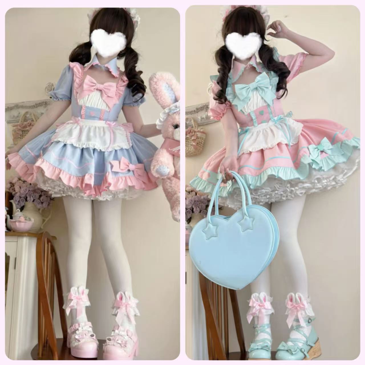 甘ロリータ マカロンカラーメイド風レースワンピース