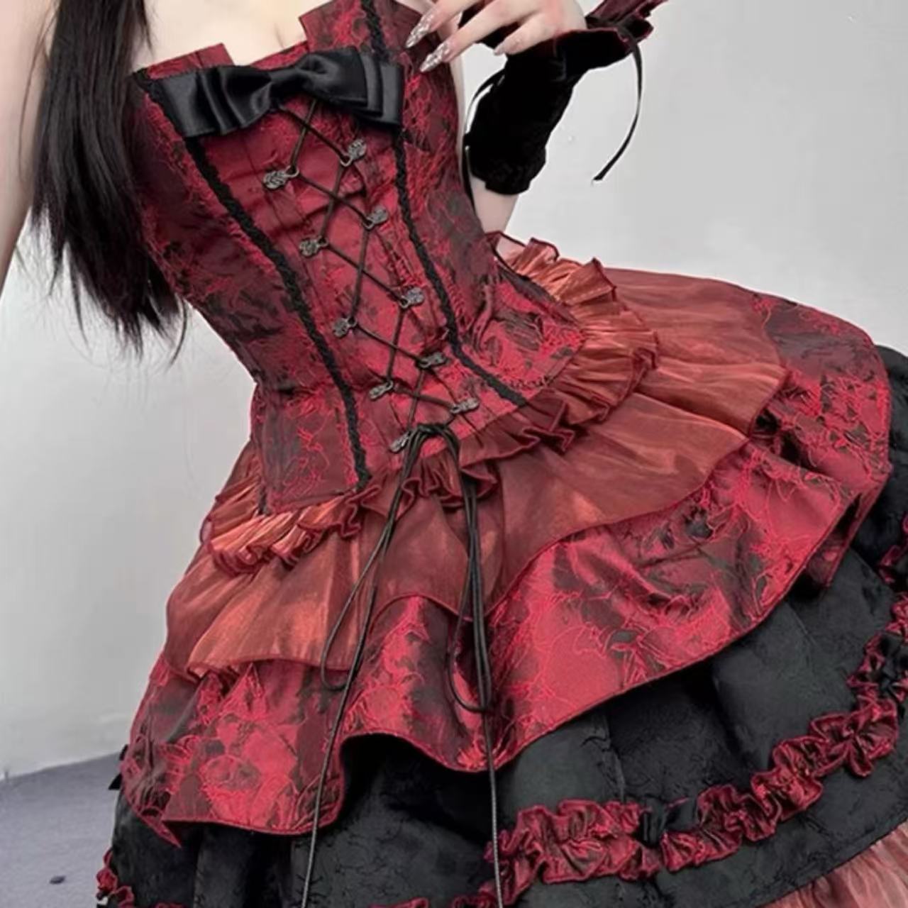 ゴスロリ ダークジャカード・パフスリーブドレスセット