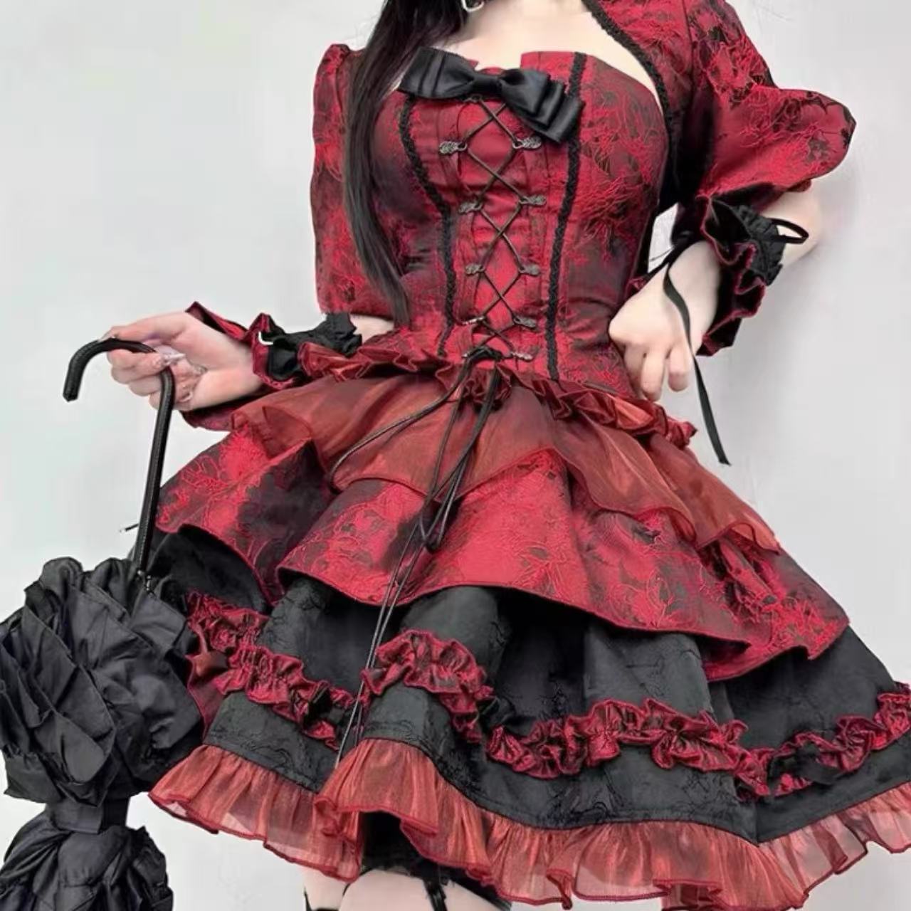 ゴスロリ ダークジャカード・パフスリーブドレスセット