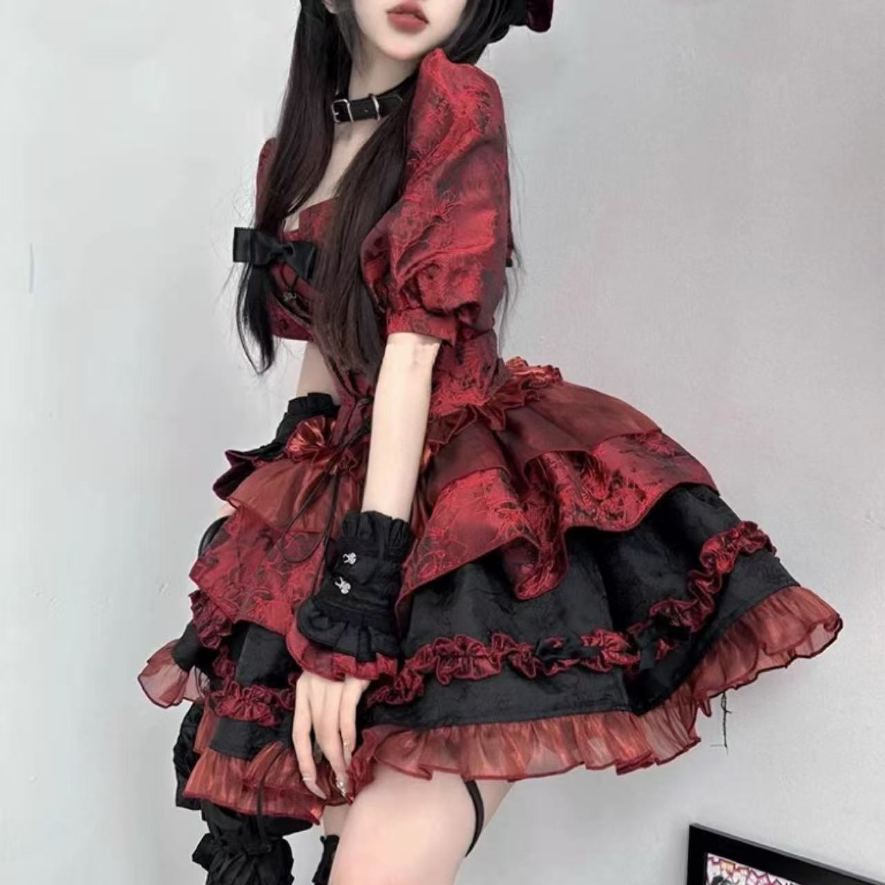 ゴスロリ ダークジャカード・パフスリーブドレスセット