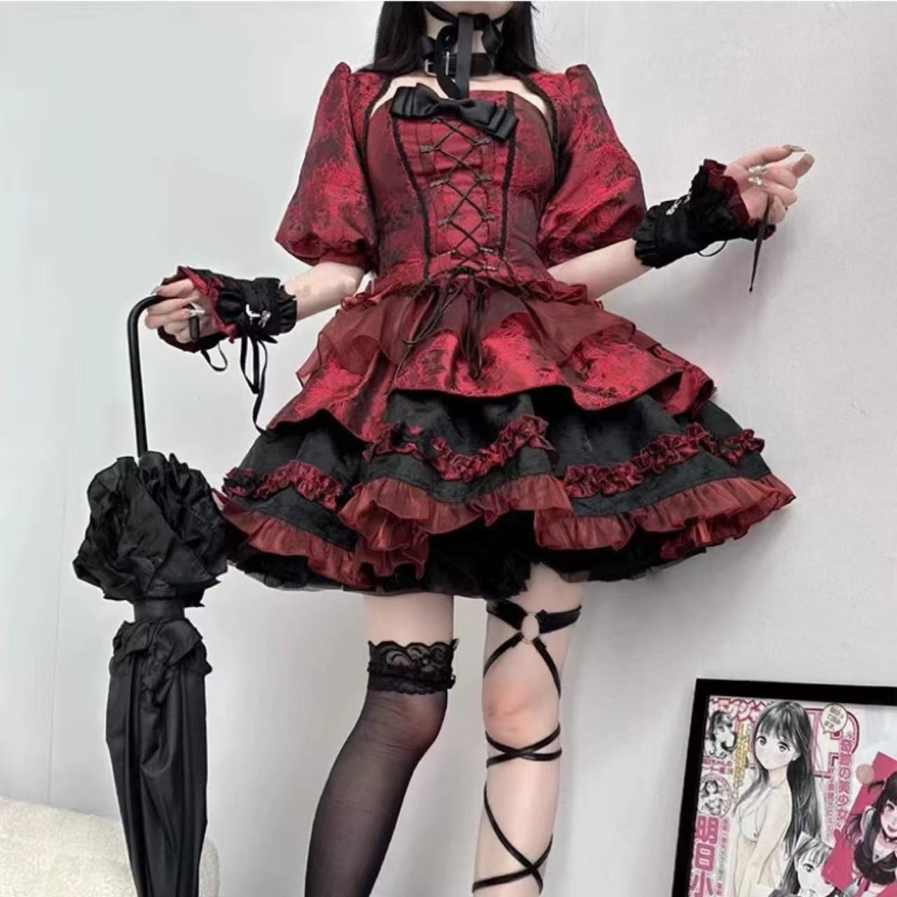 ゴスロリ ダークジャカード・パフスリーブドレスセット