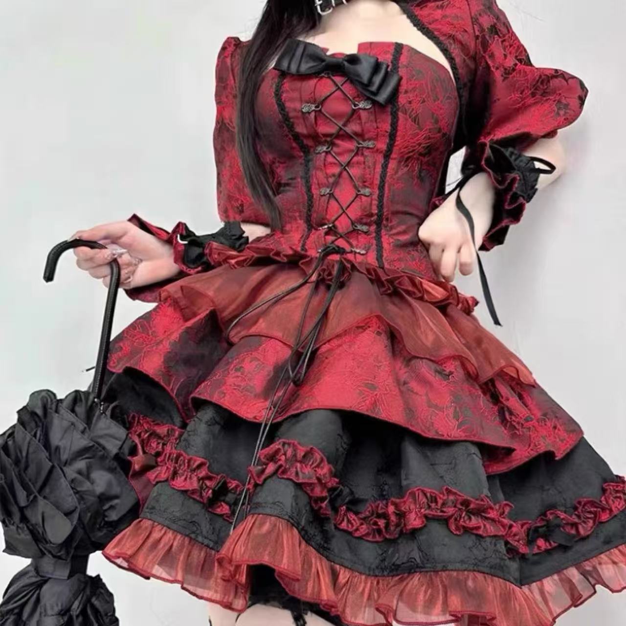 ゴスロリ ダークジャカード・パフスリーブドレスセット
