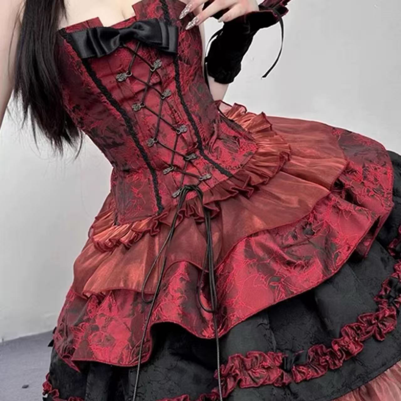 ゴスロリ ダークジャカード・パフスリーブドレスセット