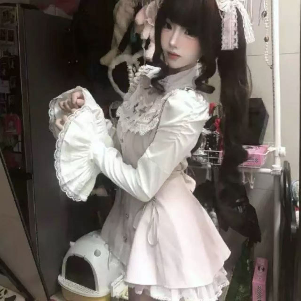 甘ロリータ トランペットスリーブ・黒白ロングドレス