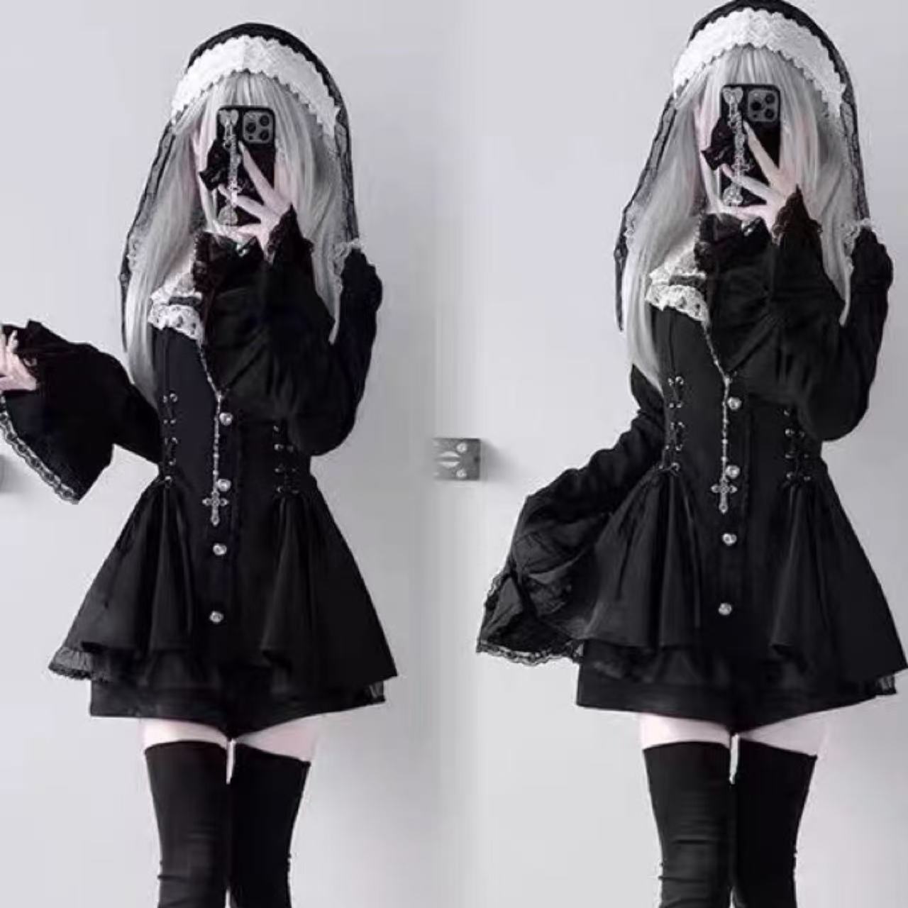 甘ロリータ トランペットスリーブ・黒白ロングドレス